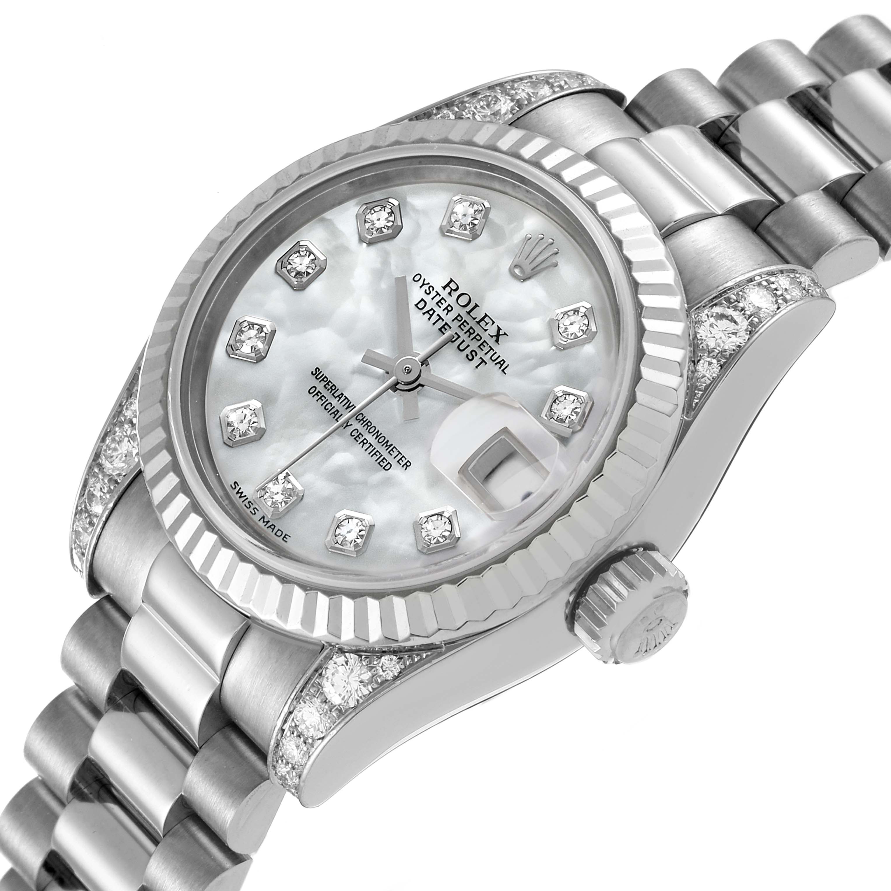 The image shows the Rolex President 179239 Women's White Gold Mother of Pearl Dial 179239 Women's White Gold Mother of Pearl Dial model watch at an angle highlighting the face, crown, and part of the bracelet.