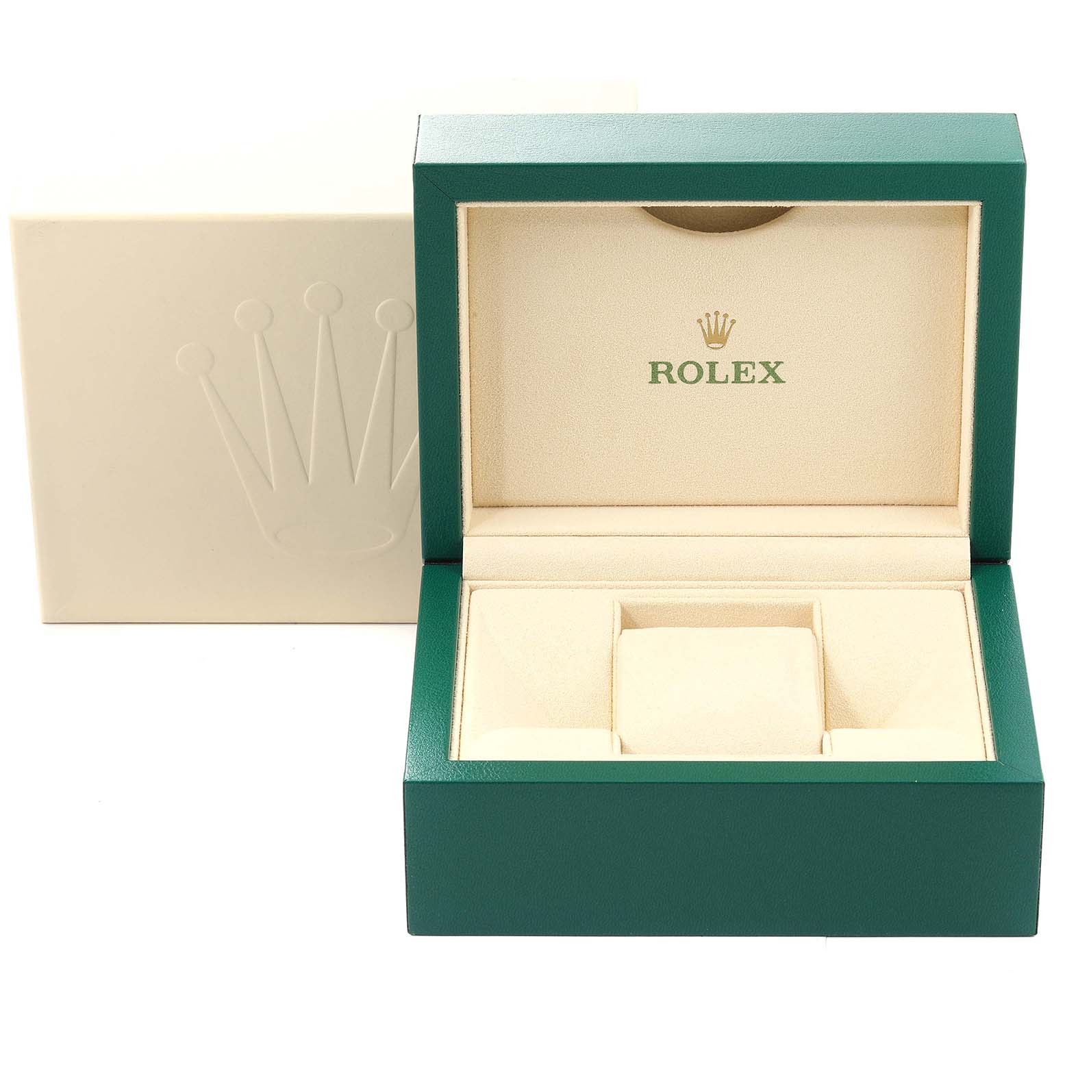 This image shows the open box and packaging for a Rolex President 179239 Women's White Gold Mother of Pearl Dial 179239 Women's White Gold Mother of Pearl Dial model watch.