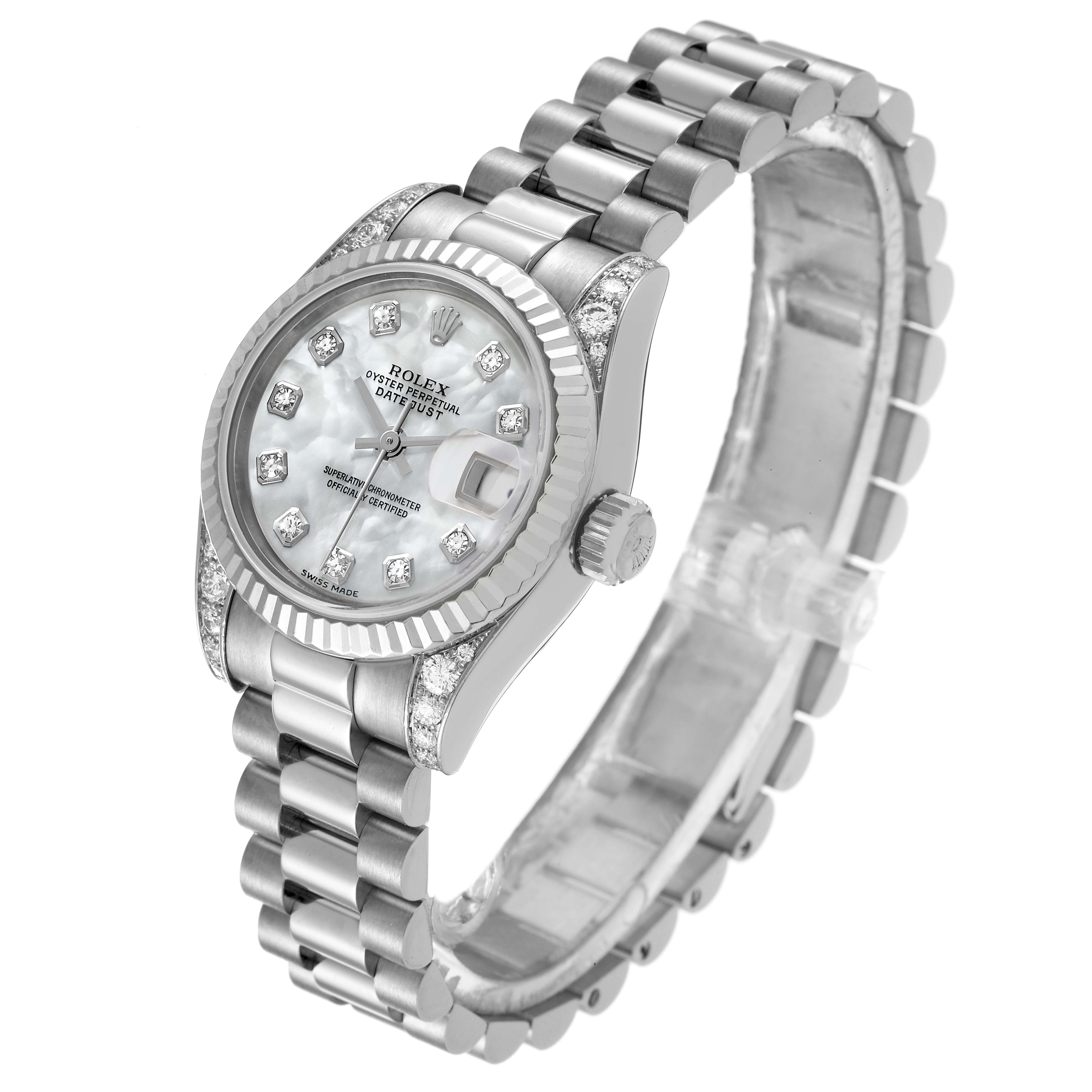 The image shows a Rolex President 179239 Women's White Gold Mother of Pearl Dial 179239 Women's White Gold Mother of Pearl Dial model watch from an angled top view, highlighting its face, crown, and bracelet.