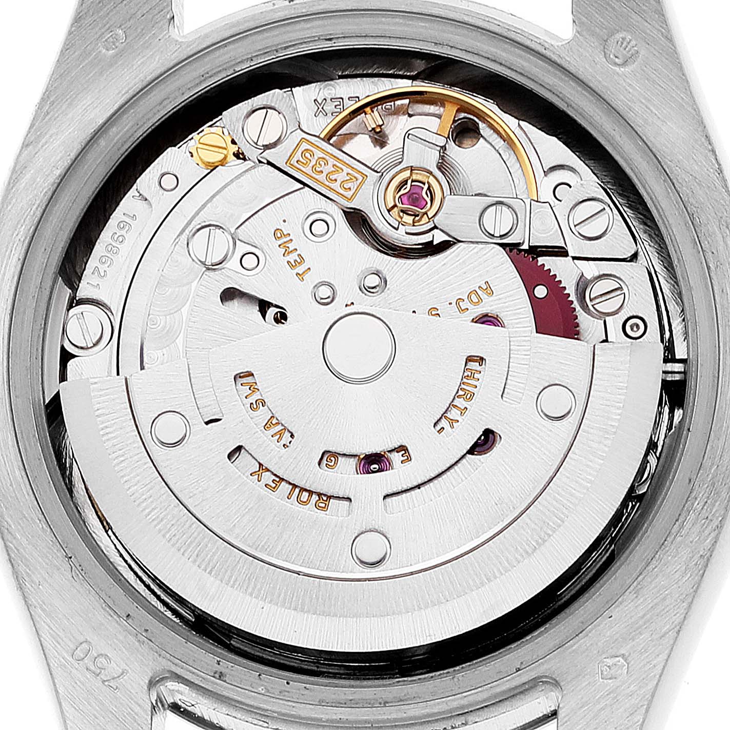 The image shows the internal mechanical movement of the Rolex President 179239 Women's White Gold Mother of Pearl Dial 179239 Women's White Gold Mother of Pearl Dial model watch viewed from the case back.