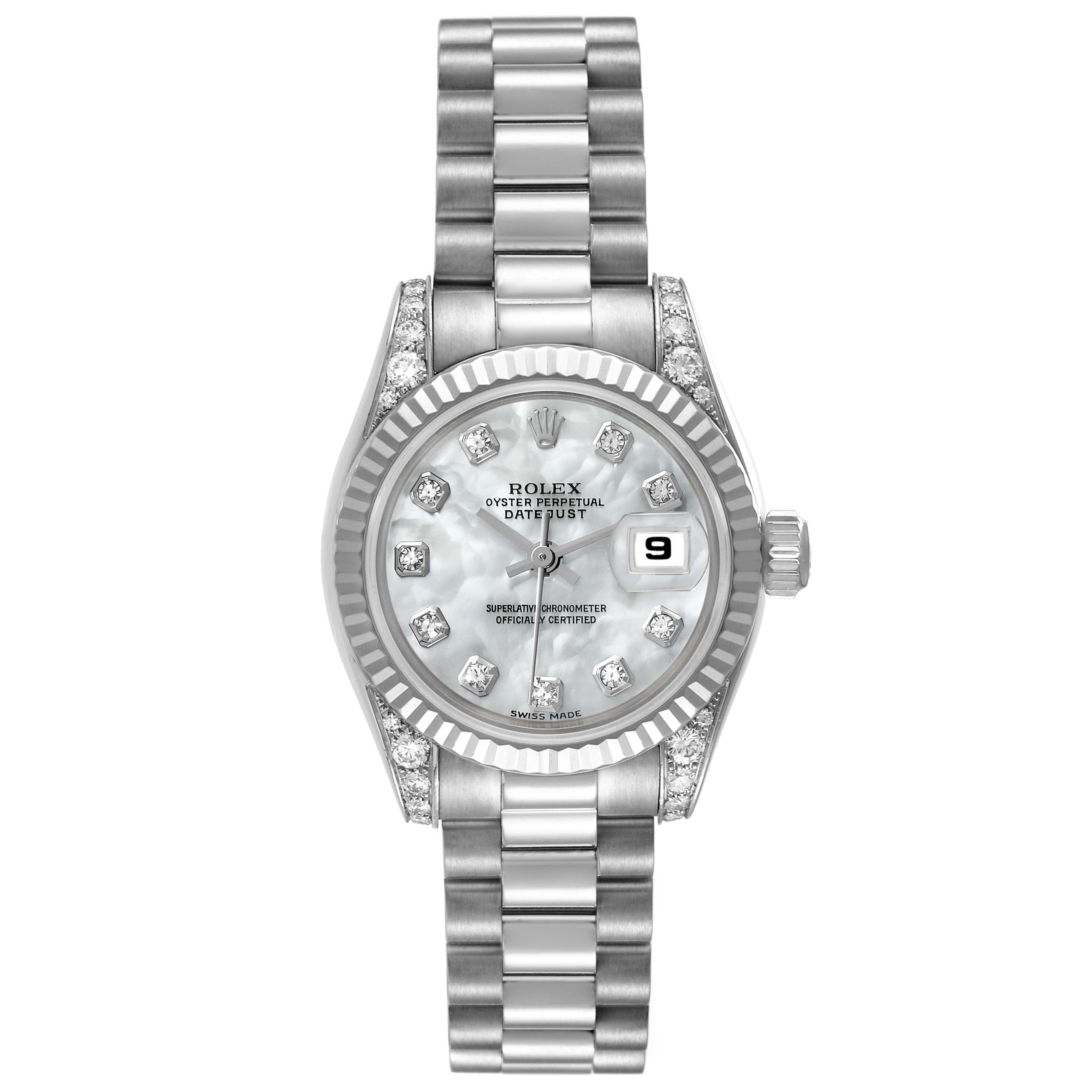 The Rolex President 179239 Women's White Gold Mother of Pearl Dial 179239 Women's White Gold Mother of Pearl Dial model watch is shown from a top-down view, displaying its face, bracelet, dial, and date indicator.