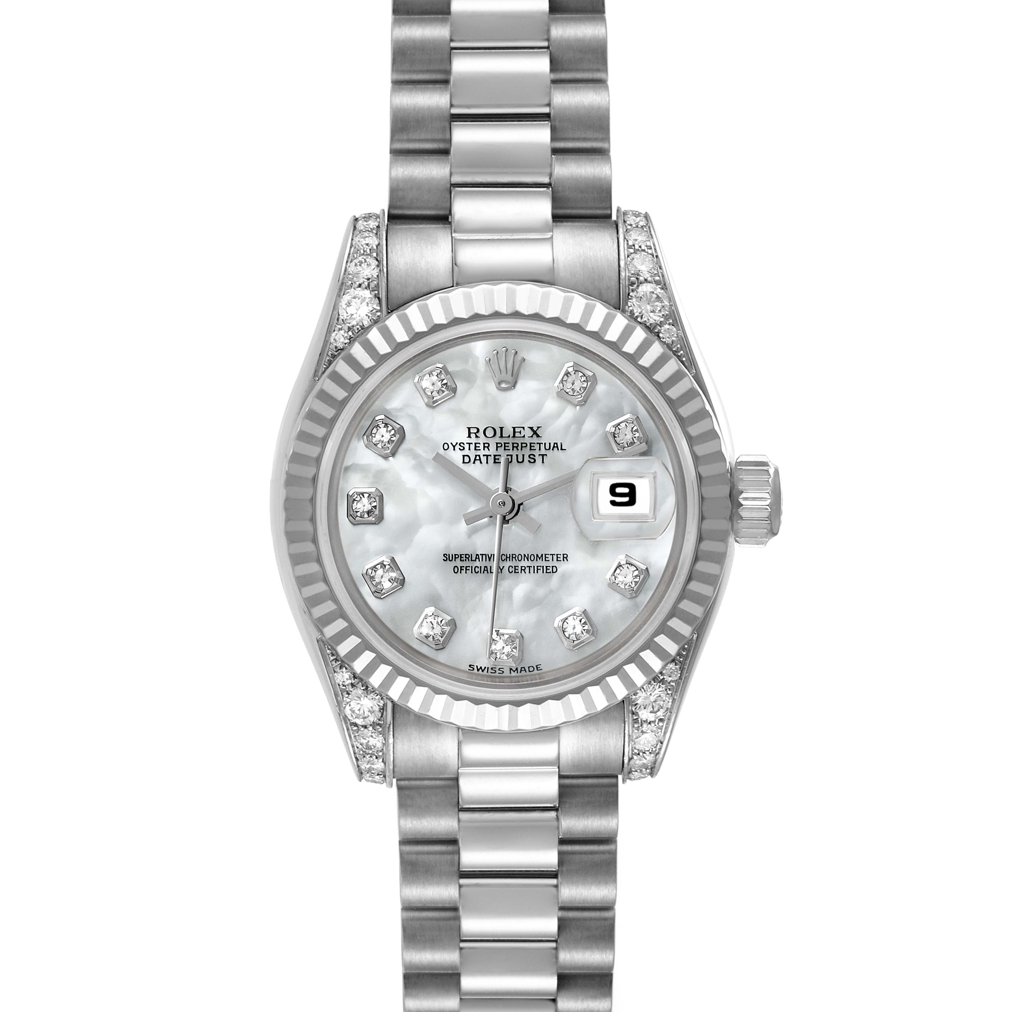 The image shows a Rolex President 179239 Women's White Gold Mother of Pearl Dial 179239 Women's White Gold Mother of Pearl Dial model watch from a front angle, highlighting its face, dial, bezel, and bracelet.