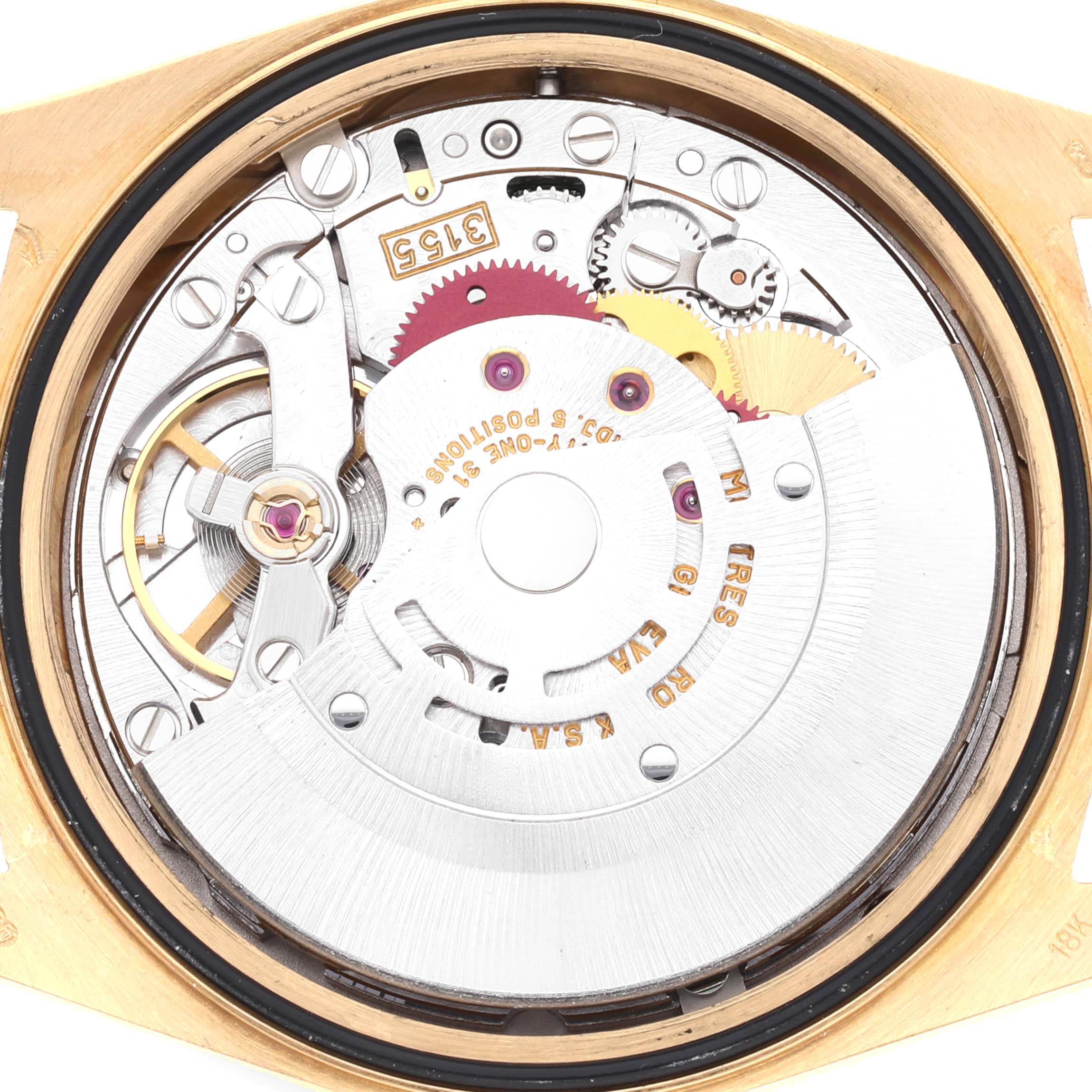 This is an internal view of the Rolex President 18348 Men
s Yellow Gold Champagne Dial 18348 Men
s Yellow Gold Champagne Dial model watch, showing the movement and gears.