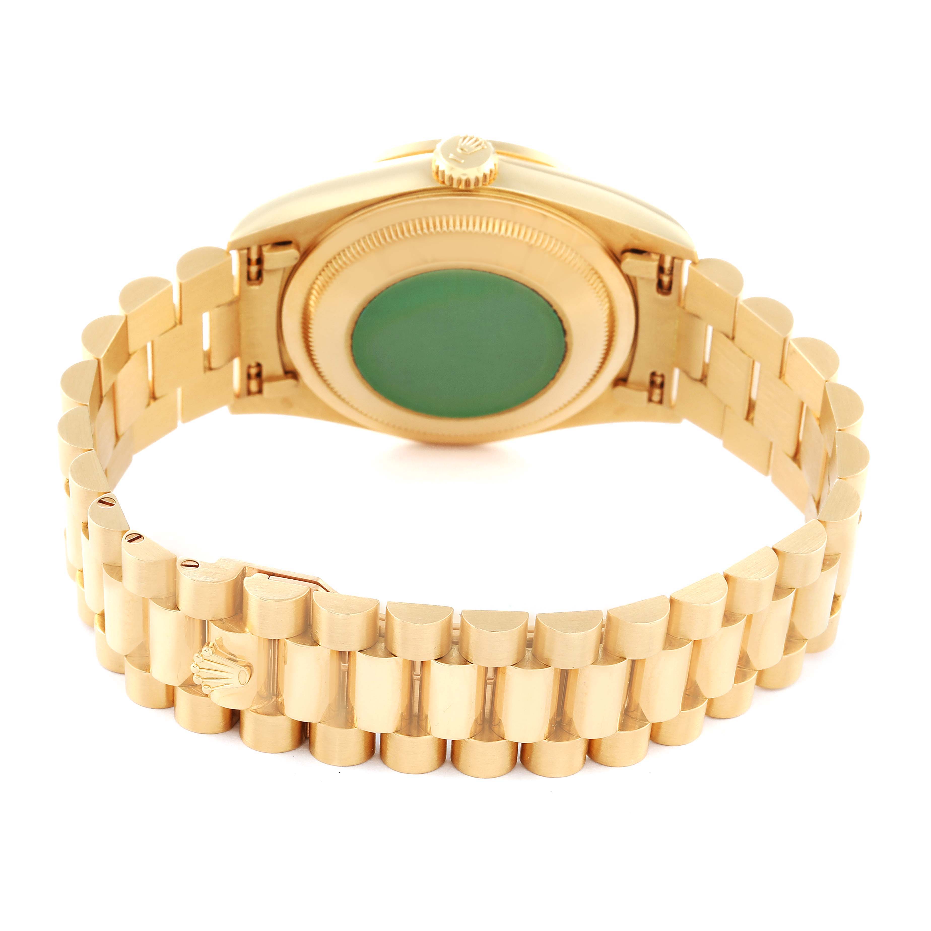 The image shows the back and bracelet of a Rolex President 18348 Men
s Yellow Gold Champagne Dial 18348 Men
s Yellow Gold Champagne Dial model watch from a rear angle.