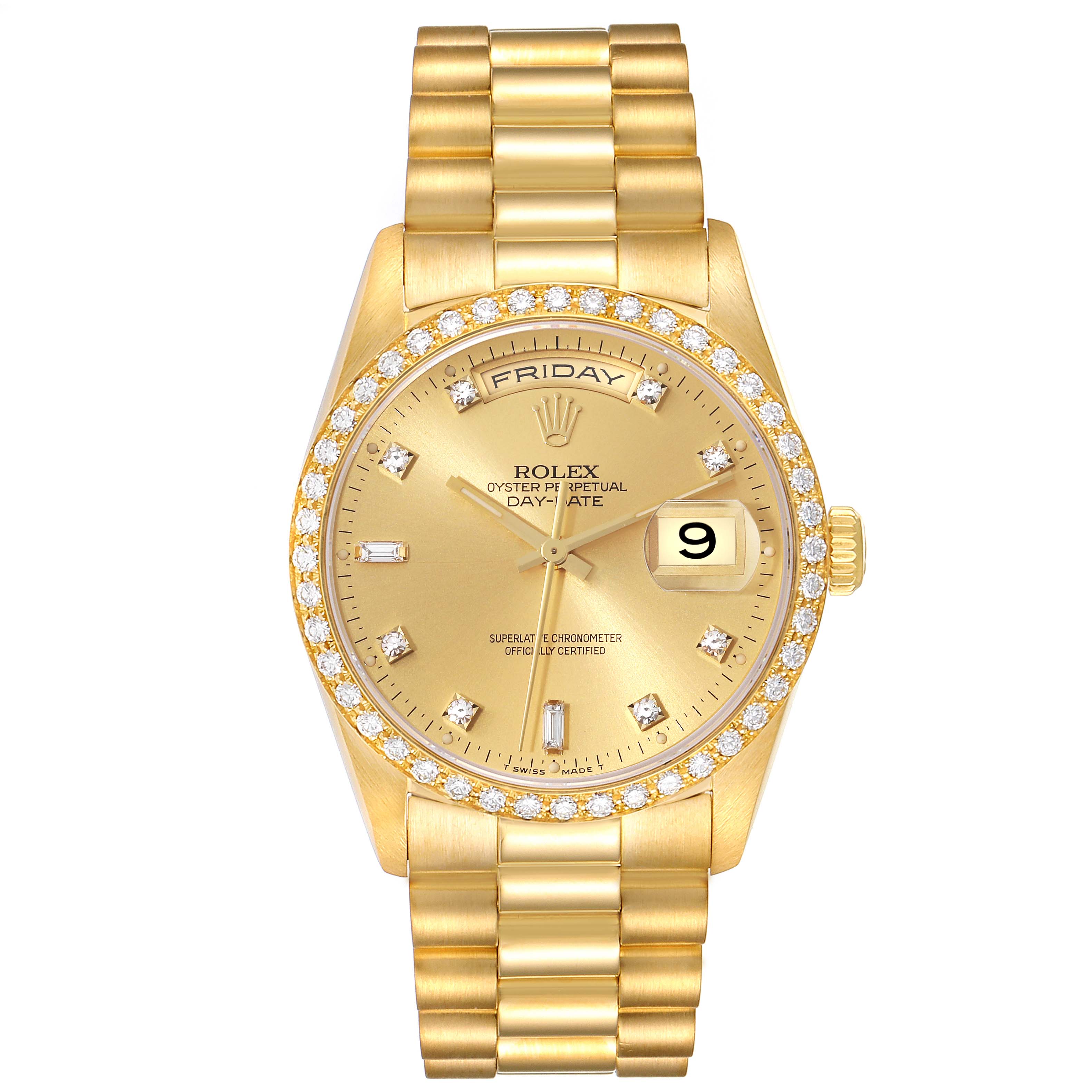 This image shows the front view of a Rolex President 18348 Men
s Yellow Gold Champagne Dial 18348 Men
s Yellow Gold Champagne Dial model watch, highlighting its gold dial, diamond hour markers, day/date windows, and bracelet.