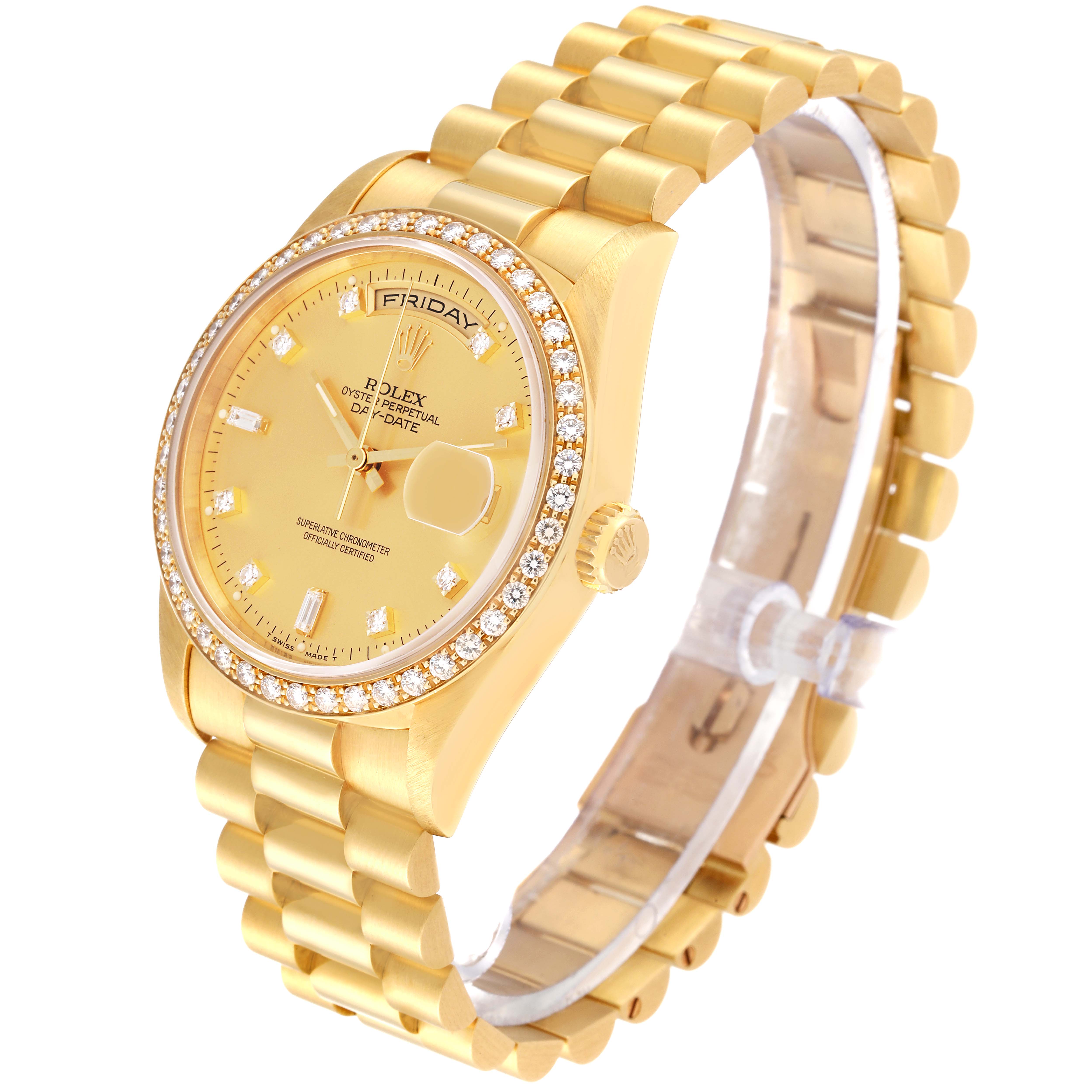 The image shows a side angle of a Rolex President 18348 Men
s Yellow Gold Champagne Dial 18348 Men
s Yellow Gold Champagne Dial model watch, highlighting its gold bracelet and diamond-encrusted bezel.