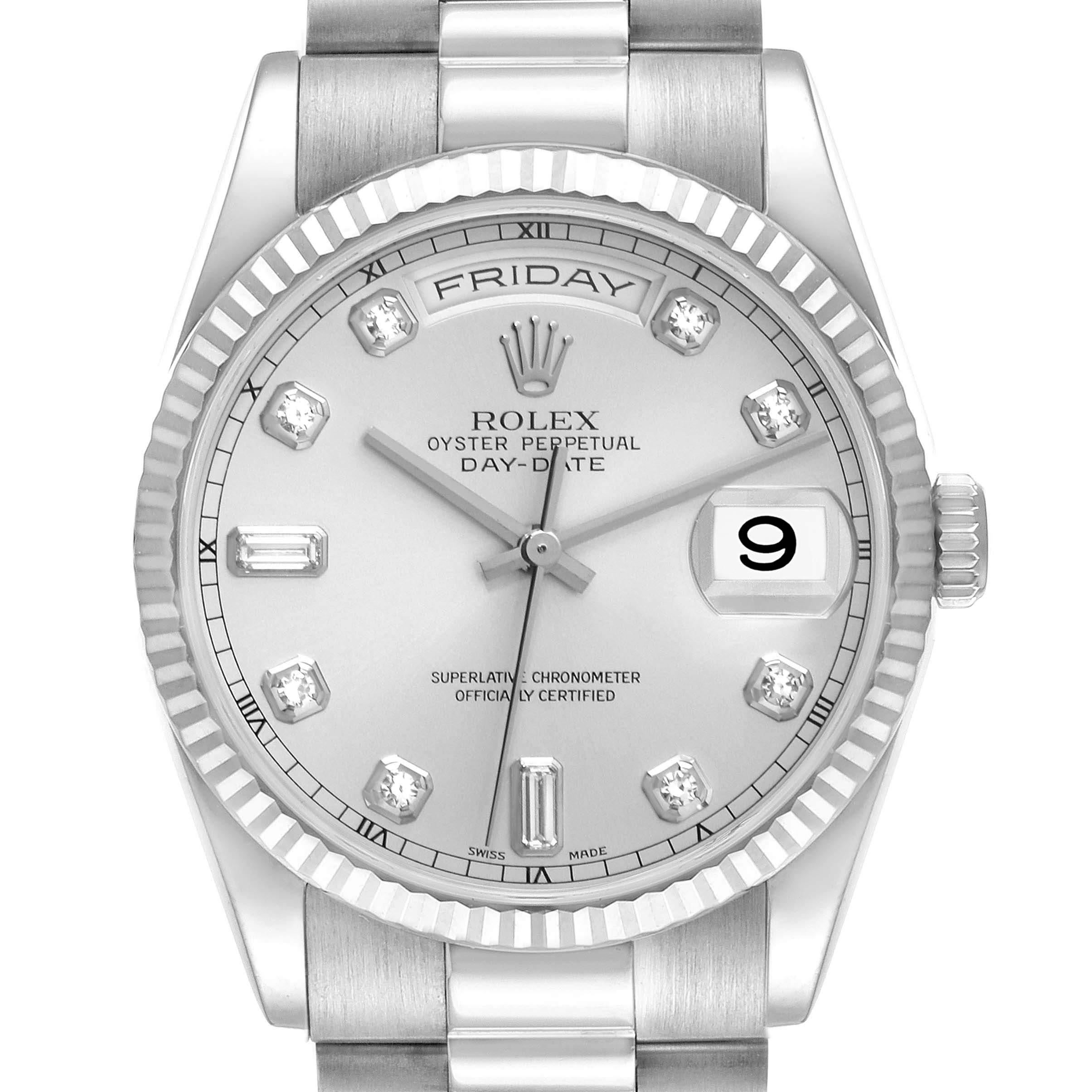 The Rolex President 118239 Men's White Gold Silver Dial model is shown from a frontal angle, highlighting the dial, bezel, and part of the bracelet.