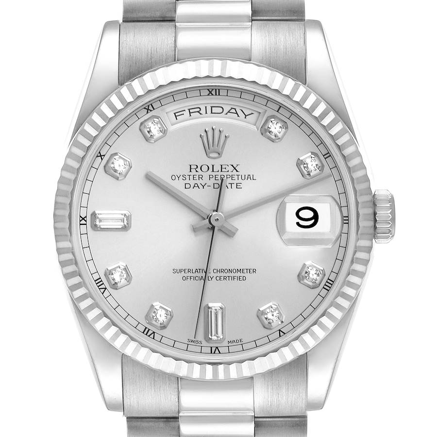 The Rolex President 118239 Men's White Gold Silver Dial model is shown from a frontal angle, highlighting the dial, bezel, and part of the bracelet.