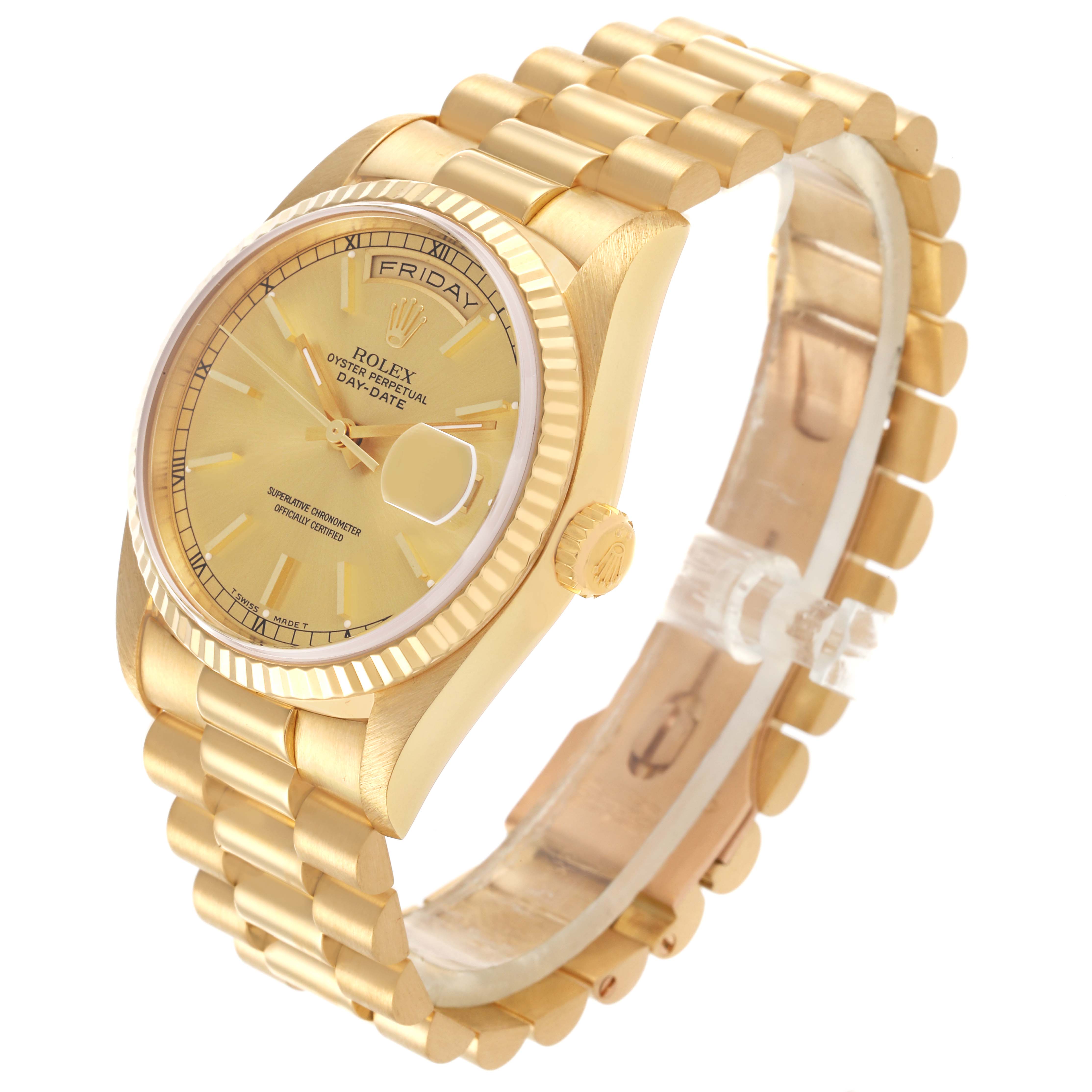 The Rolex President 18238 Men
s Yellow Gold Champagne Dial 18238 Men
s Yellow Gold Champagne Dial model is shown at a three-quarter angle, highlighting its face, case, crown, and bracelet.
