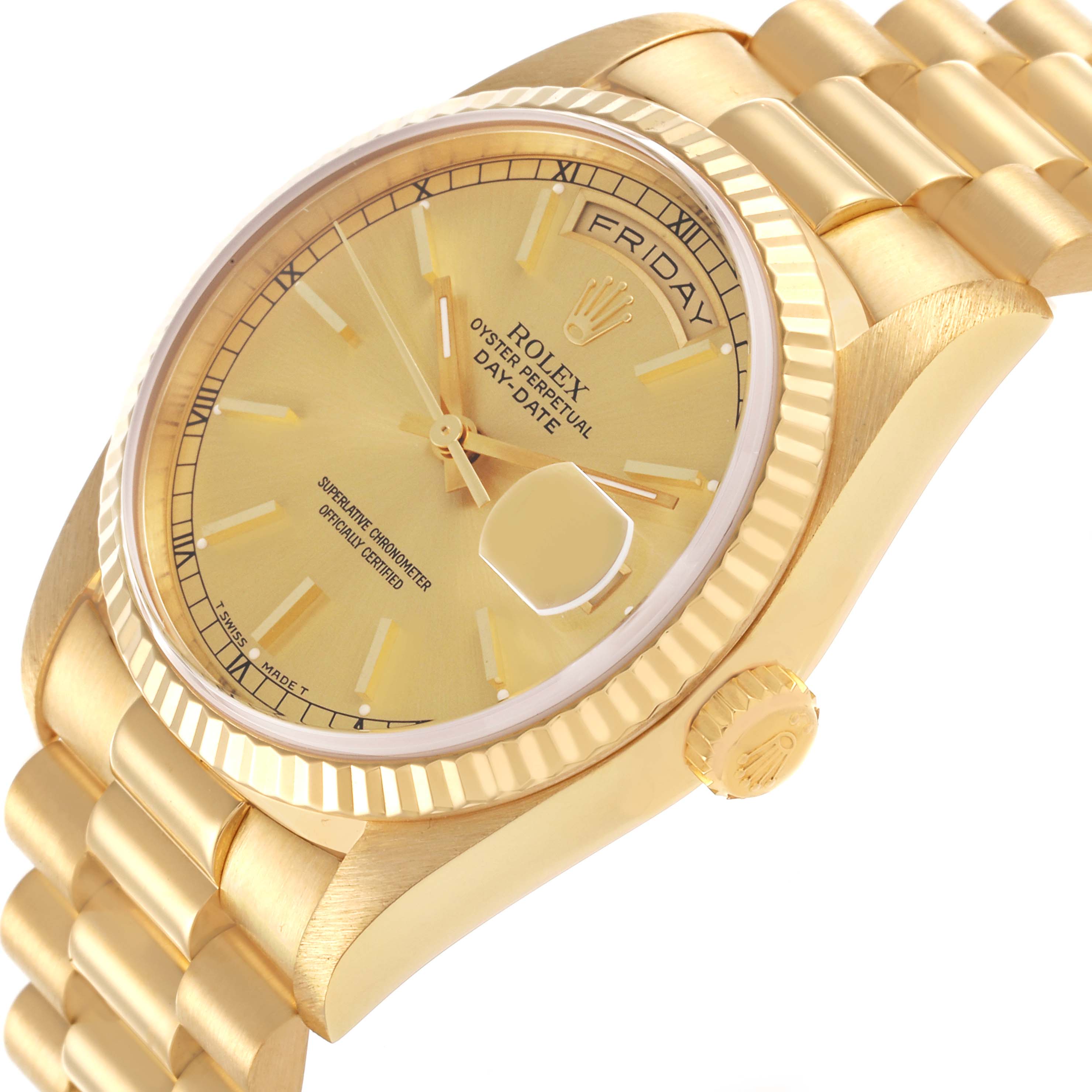 The Rolex President 18238 Men
s Yellow Gold Champagne Dial 18238 Men
s Yellow Gold Champagne Dial watch is shown at an angle highlighting the dial, bezel, crown, and part of the bracelet.