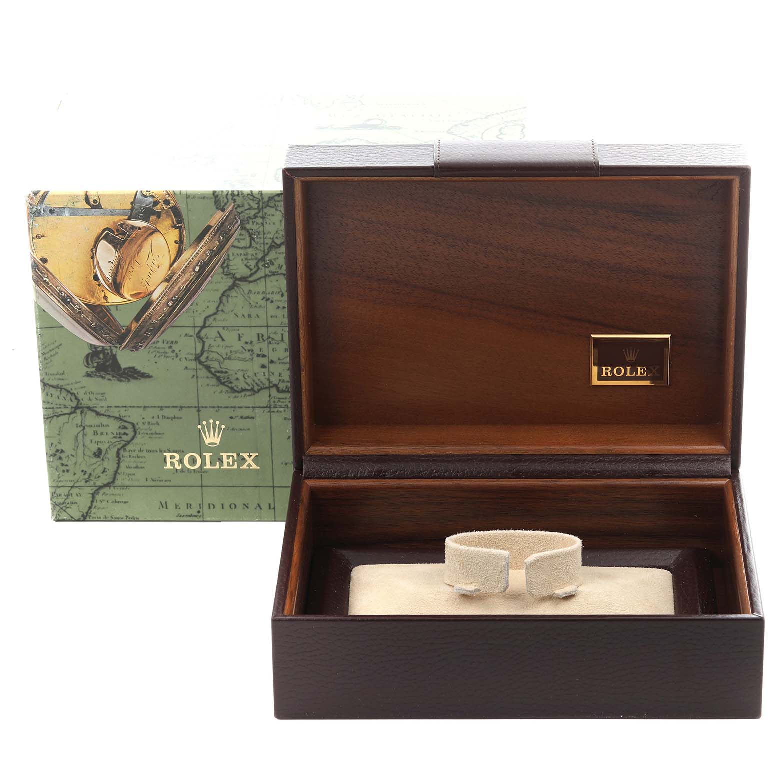 The image shows an empty Rolex President 18238 Men
s Yellow Gold Champagne Dial 18238 Men
s Yellow Gold Champagne Dial watch box and packaging, viewed from the front.