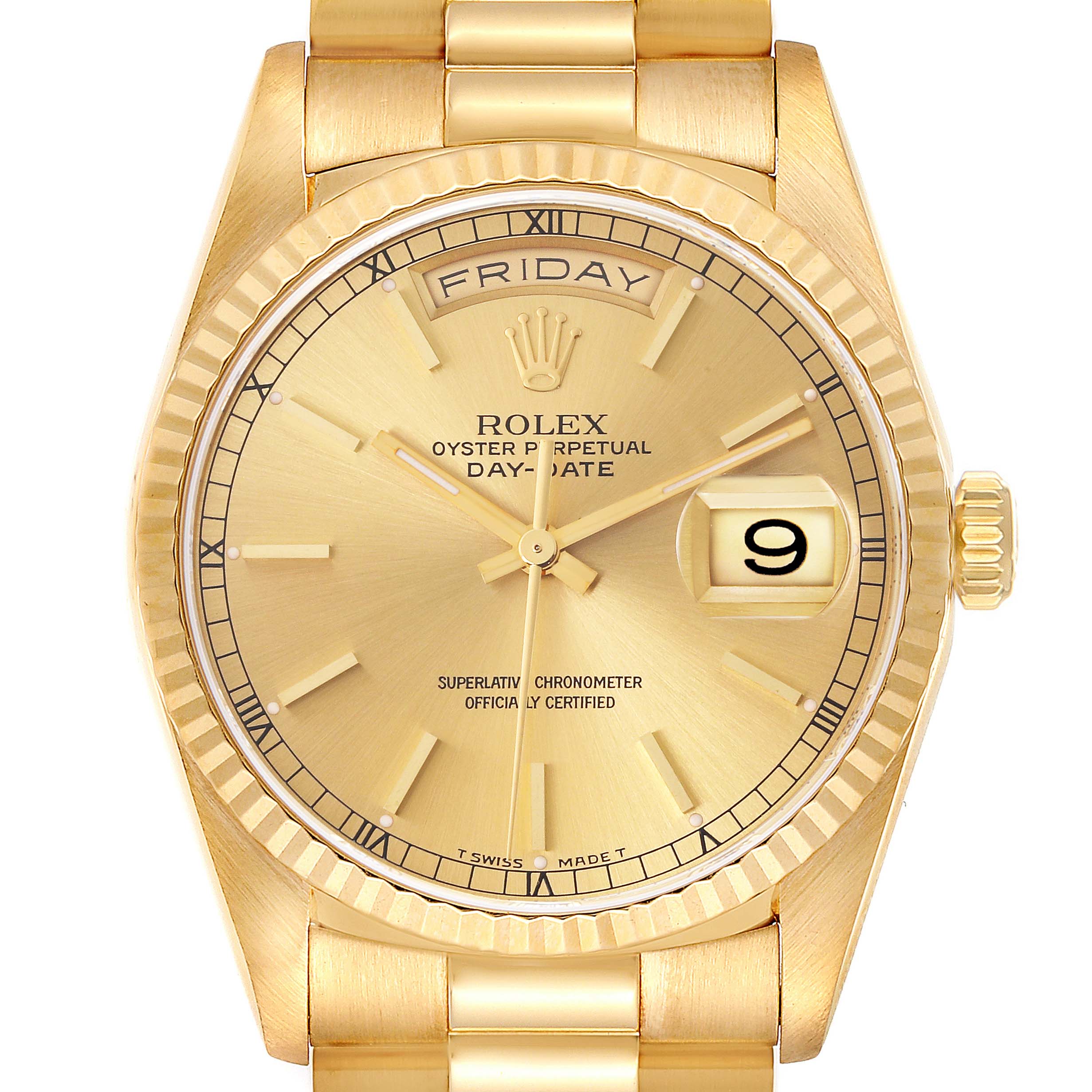 The Rolex President 18238 Men
s Yellow Gold Champagne Dial 18238 Men
s Yellow Gold Champagne Dial model is shown from a front angle, highlighting the dial, day-date window, bezel, and crown.