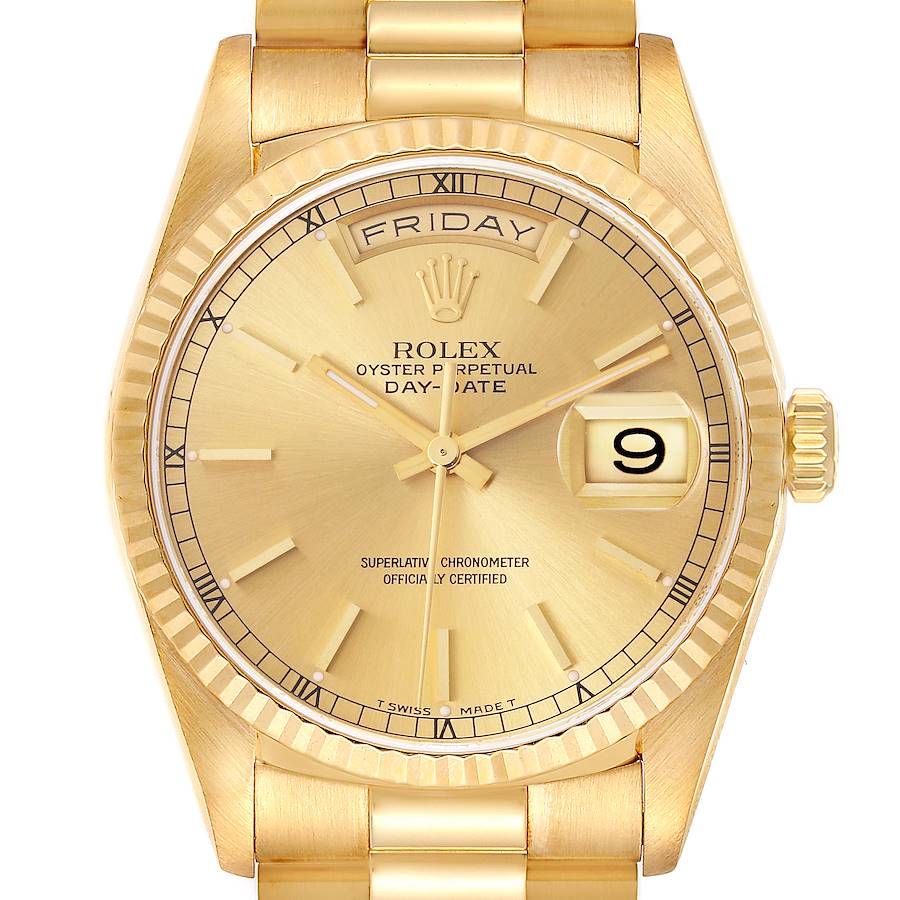 The Rolex President model is shown from a front angle, highlighting the dial, day-date window, bezel, and crown.