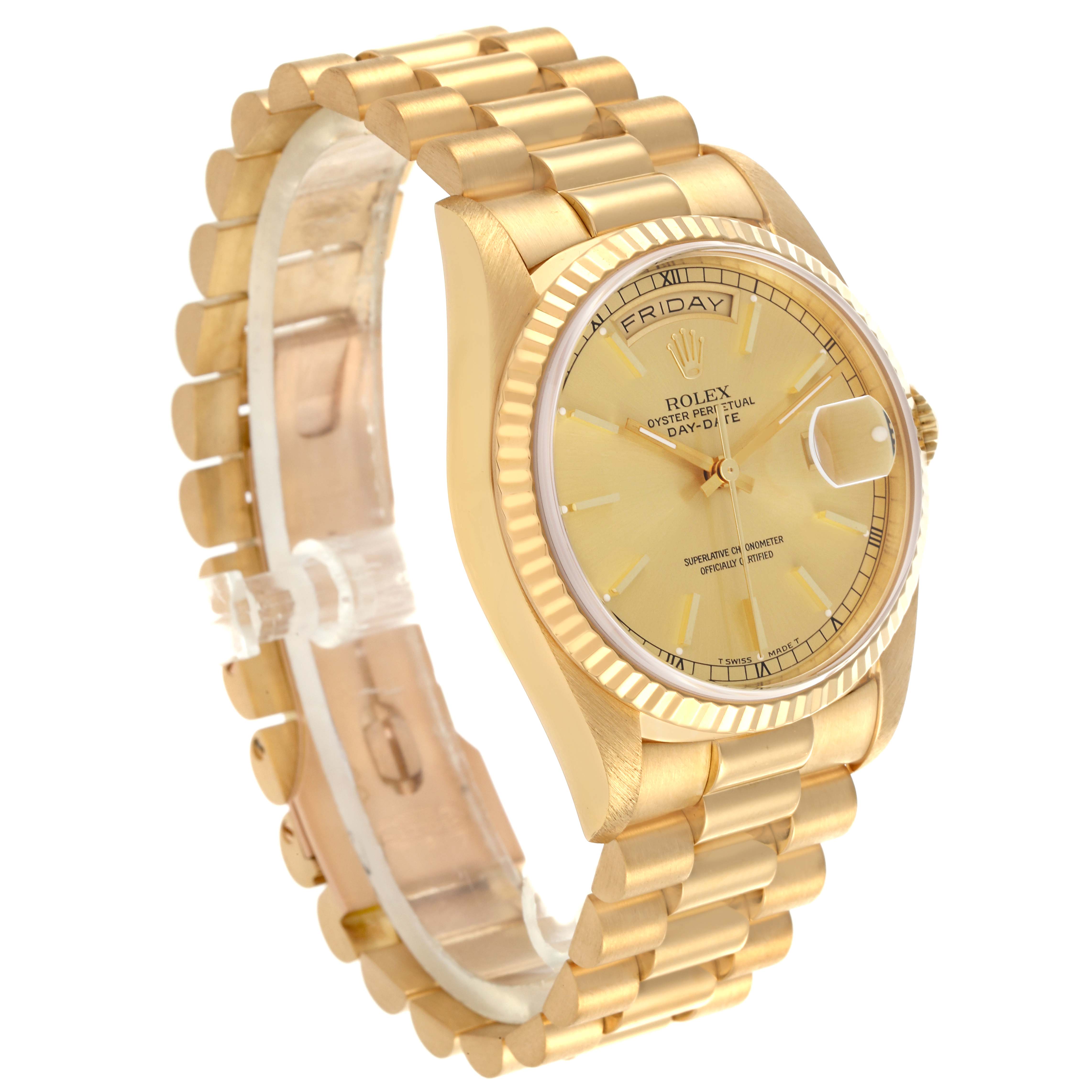 The Rolex President 18238 Men
s Yellow Gold Champagne Dial 18238 Men
s Yellow Gold Champagne Dial model is shown at a three-quarter angle, highlighting the bracelet, case, dial, and fluted bezel.