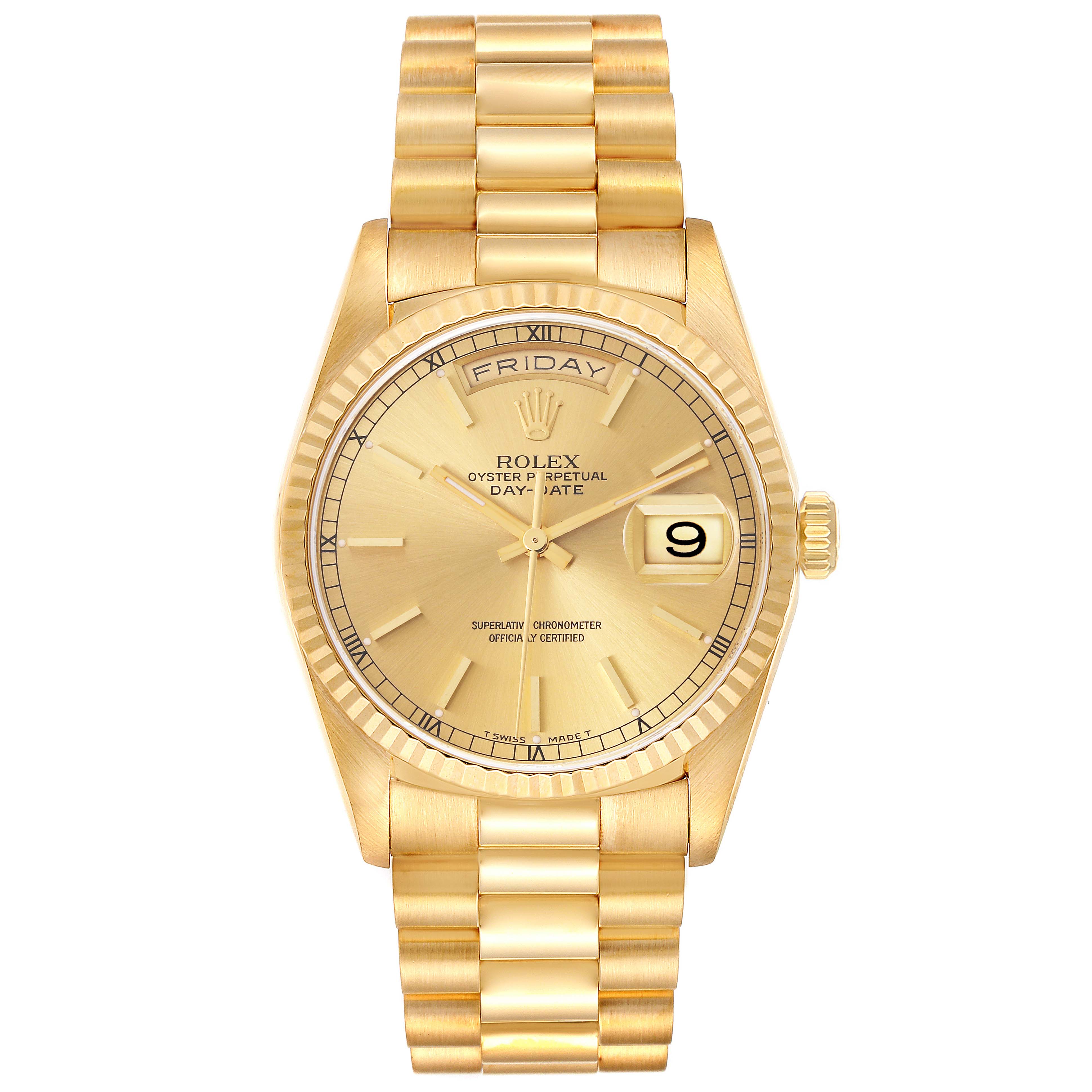 The Rolex President 18238 Men
s Yellow Gold Champagne Dial 18238 Men
s Yellow Gold Champagne Dial watch is shown from a front angle, displaying the dial, day and date features, and gold bracelet.