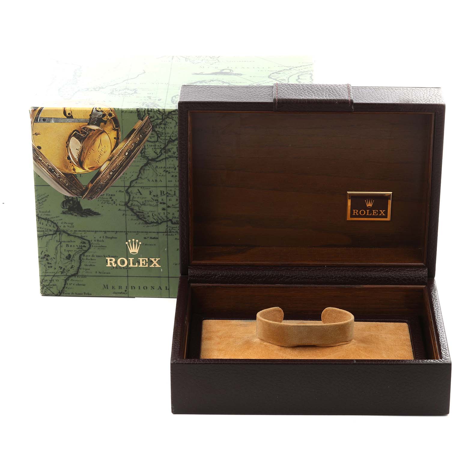 The image shows a Rolex President 18238 Men's Yellow Gold Champagne Dial 18238 Men's Yellow Gold Champagne Dial model box, displaying the interior and outer packaging at a front angle.