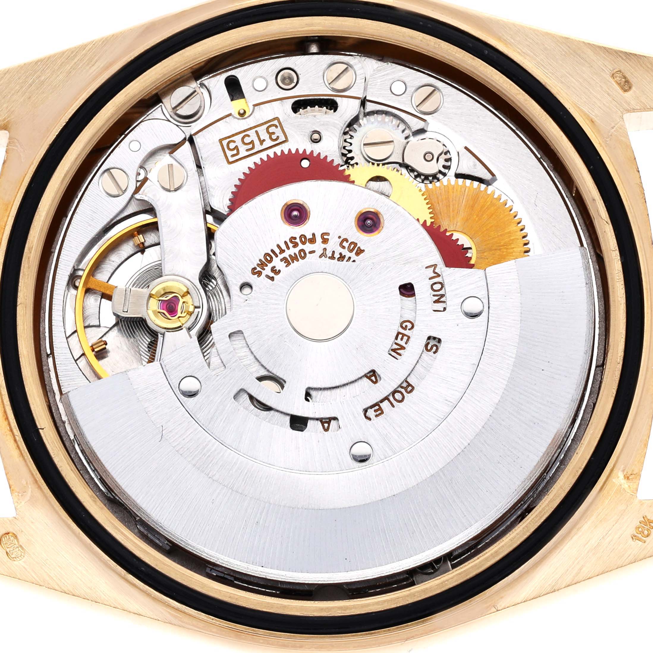 The image shows the movement and inner mechanism of a Rolex President 18238 Men's Yellow Gold Champagne Dial 18238 Men's Yellow Gold Champagne Dial model watch from a top-down angle.