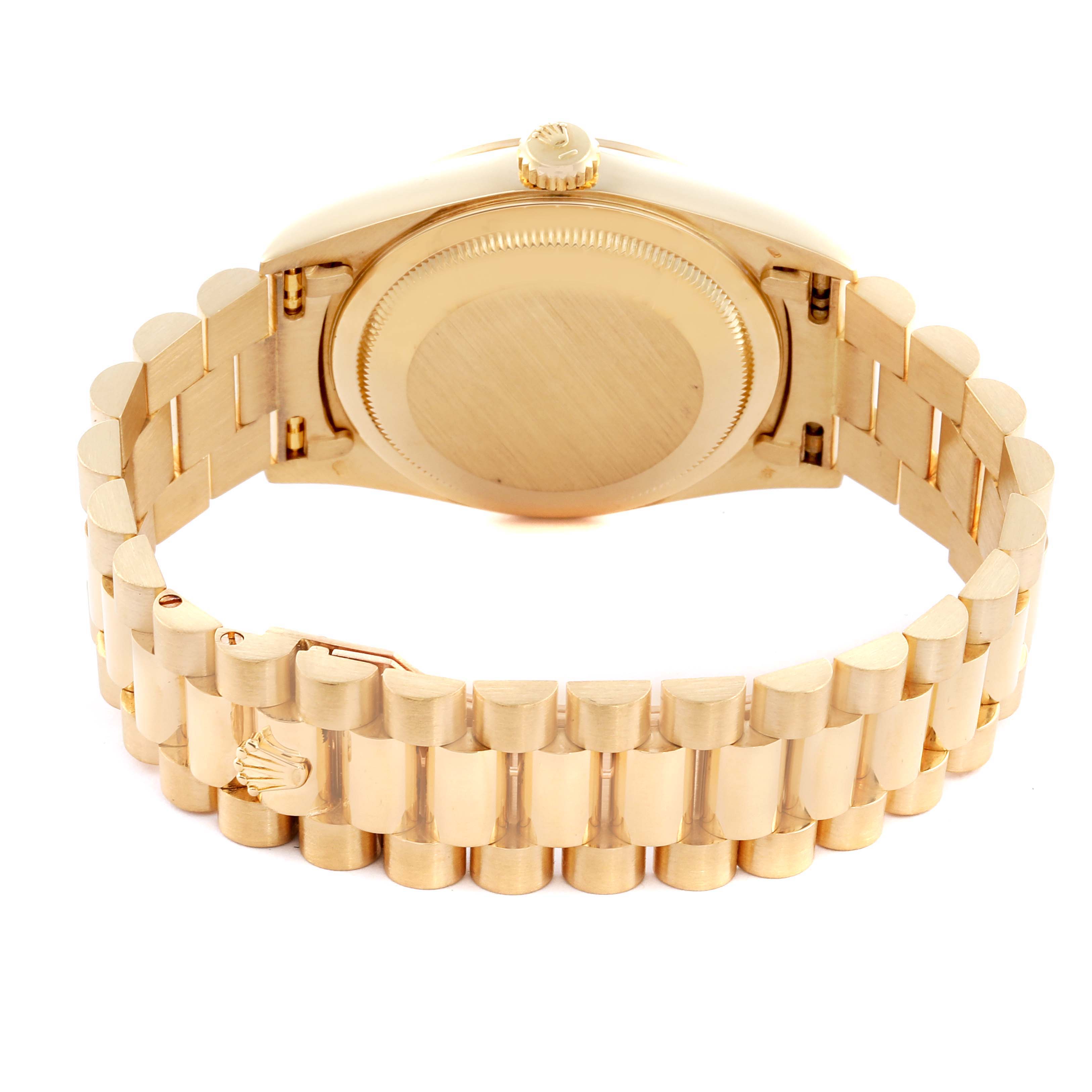 The image shows the back case and bracelet of a Rolex President 18238 Men's Yellow Gold Champagne Dial 18238 Men's Yellow Gold Champagne Dial watch from a rear angle.