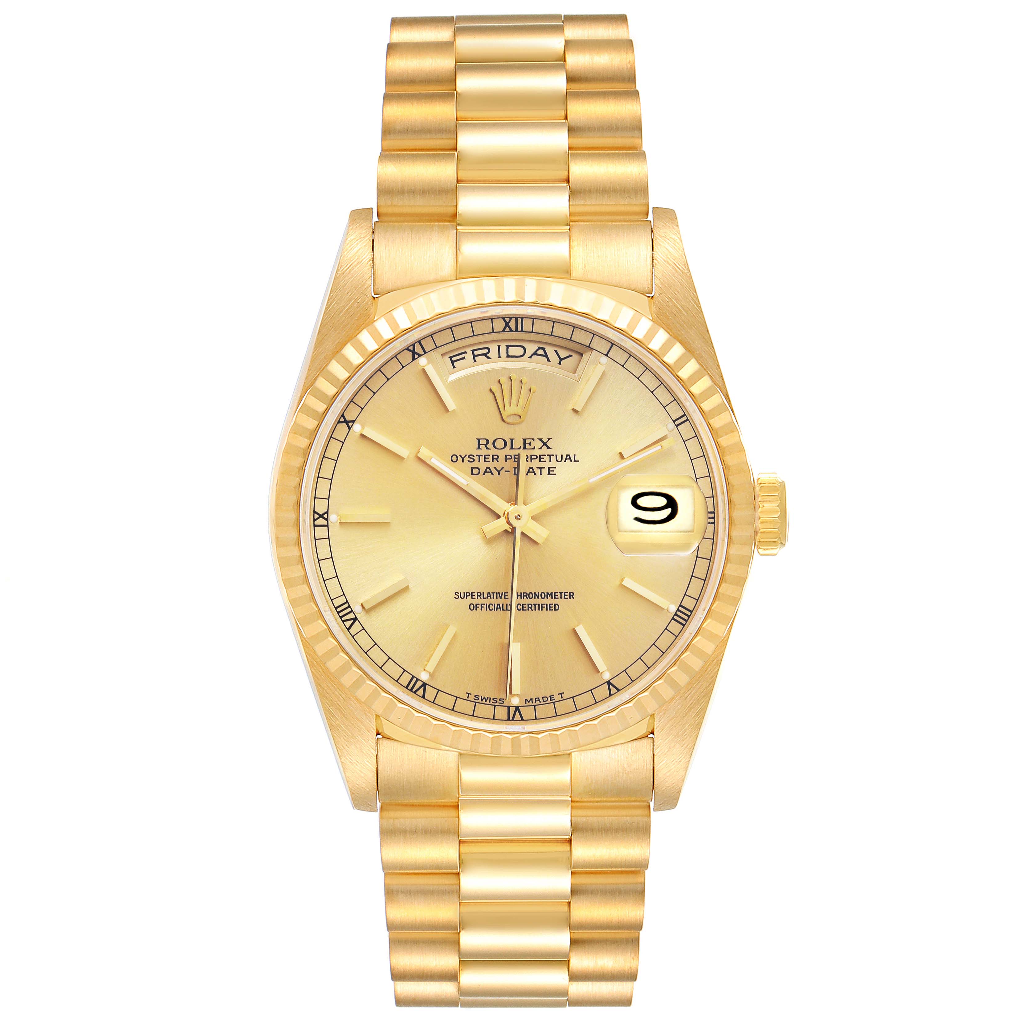 The Rolex President 18238 Men's Yellow Gold Champagne Dial 18238 Men's Yellow Gold Champagne Dial model is shown from a front angle, displaying its gold dial, day-date feature, and bracelet.