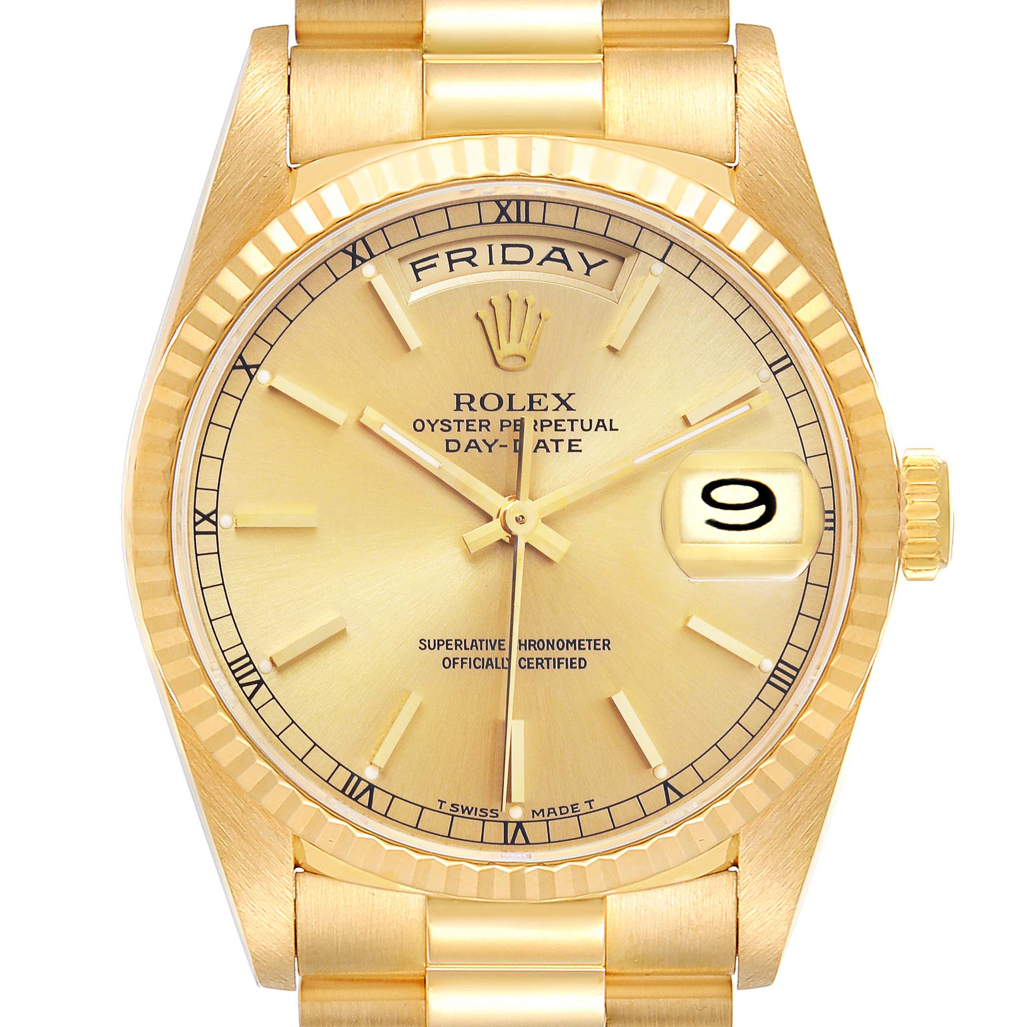 The image shows a front view of the Rolex President 18238 Men's Yellow Gold Champagne Dial 18238 Men's Yellow Gold Champagne Dial model, displaying the dial, day-date windows, and bezel.