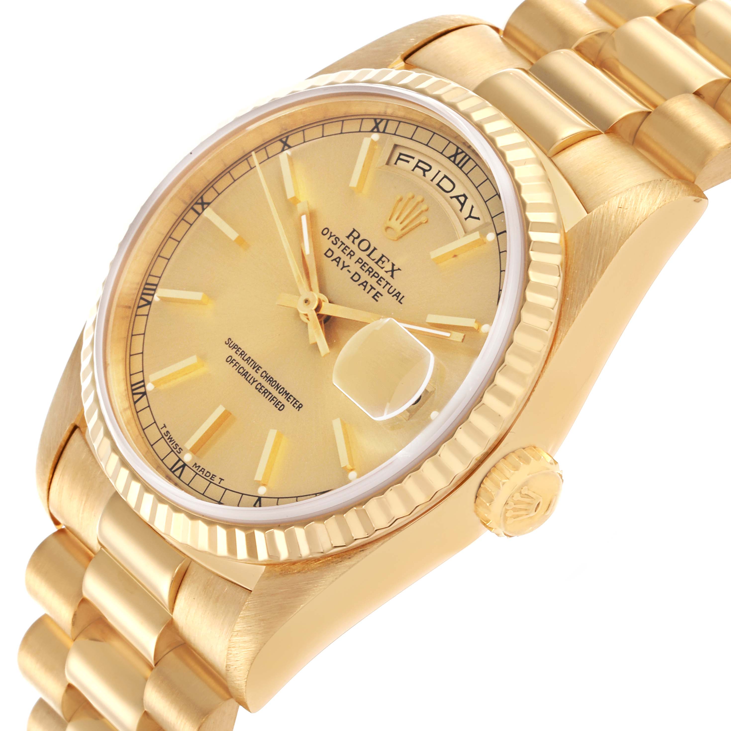 The Rolex President 18238 Men's Yellow Gold Champagne Dial 18238 Men's Yellow Gold Champagne Dial model is shown at a three-quarter angle, highlighting the dial, bezel, and bracelet's links.