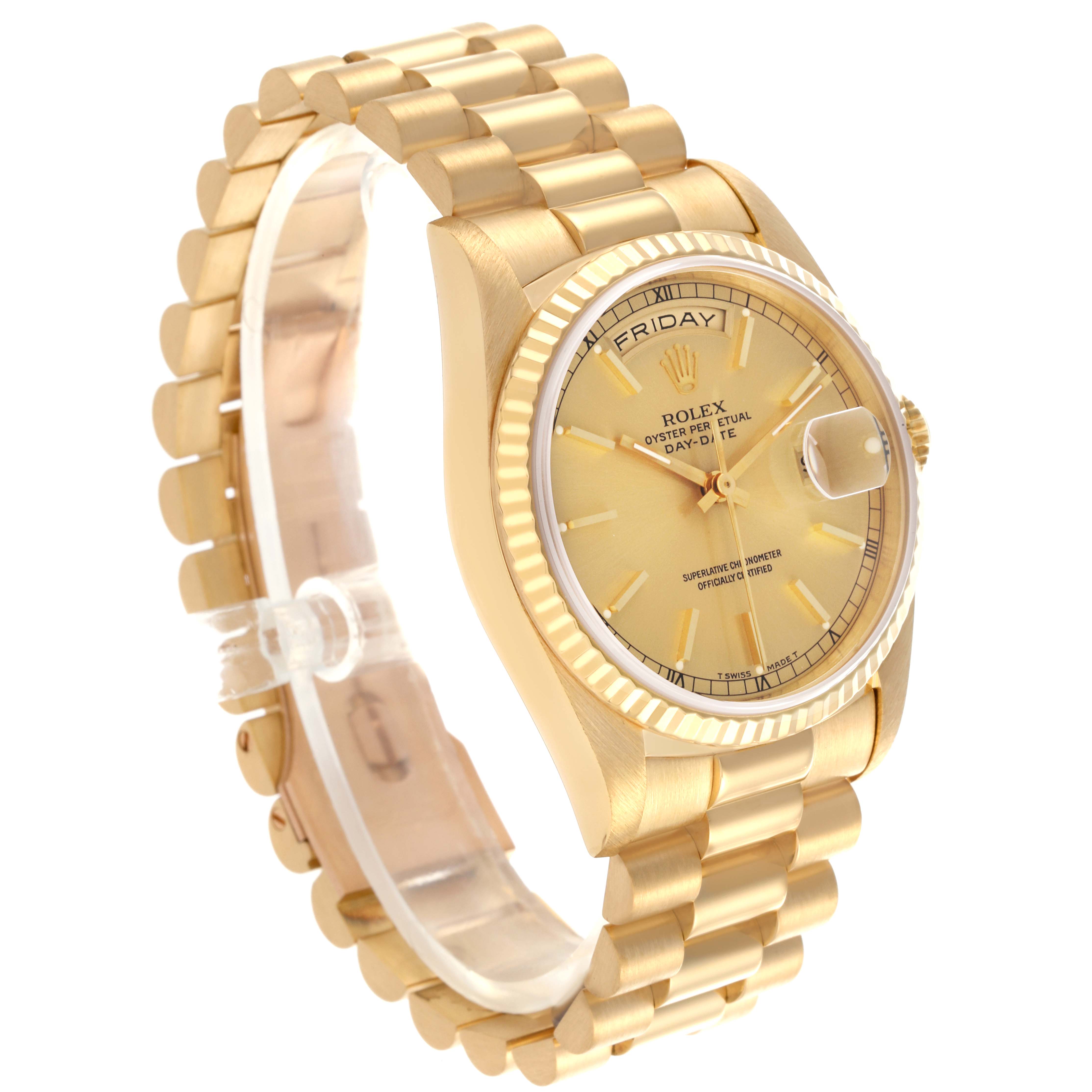 The Rolex President 18238 Men's Yellow Gold Champagne Dial 18238 Men's Yellow Gold Champagne Dial watch is shown at a three-quarter angle, displaying the gold case, fluted bezel, bracelet, and day-date features.