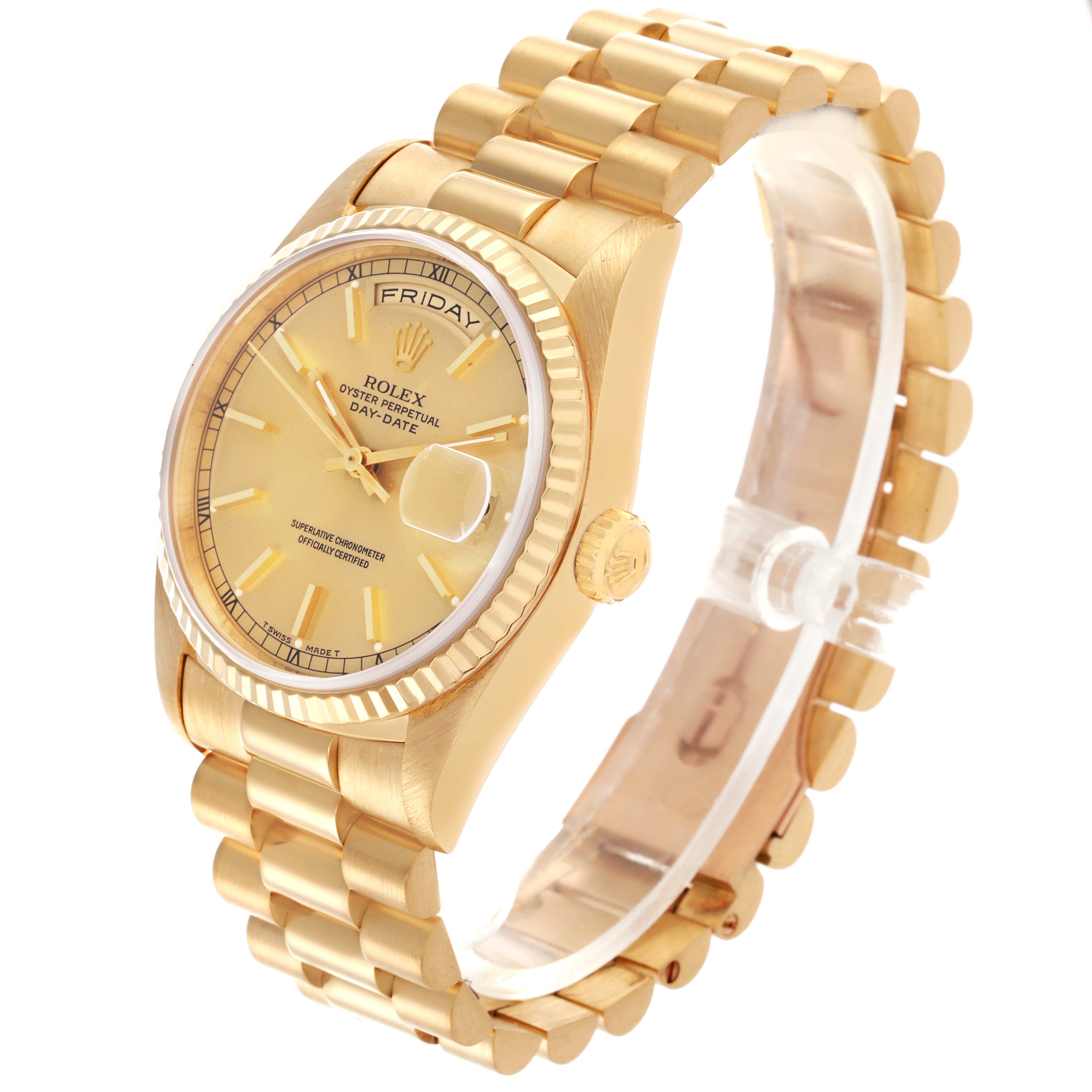 The Rolex President 18238 Men's Yellow Gold Champagne Dial 18238 Men's Yellow Gold Champagne Dial watch is shown at a three-quarter angle highlighting the face, bracelet, and crown.