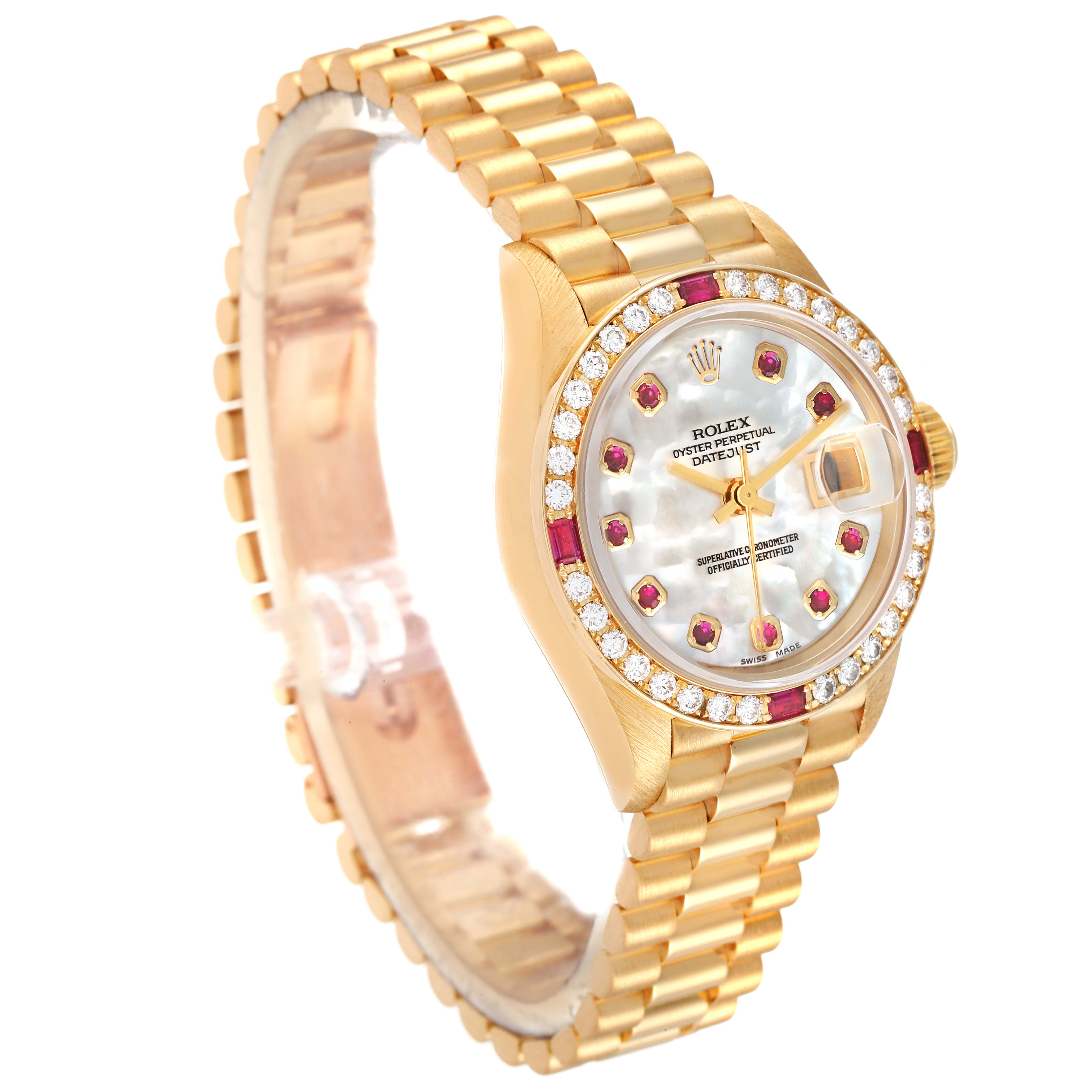 The image shows a Rolex President 69068 Women's Yellow Gold Mother of Pearl Dial 69068 Women's Yellow Gold Mother of Pearl Dial model watch from an angled view, highlighting its gold bracelet, diamond bezel, and mother-of-pearl dial.