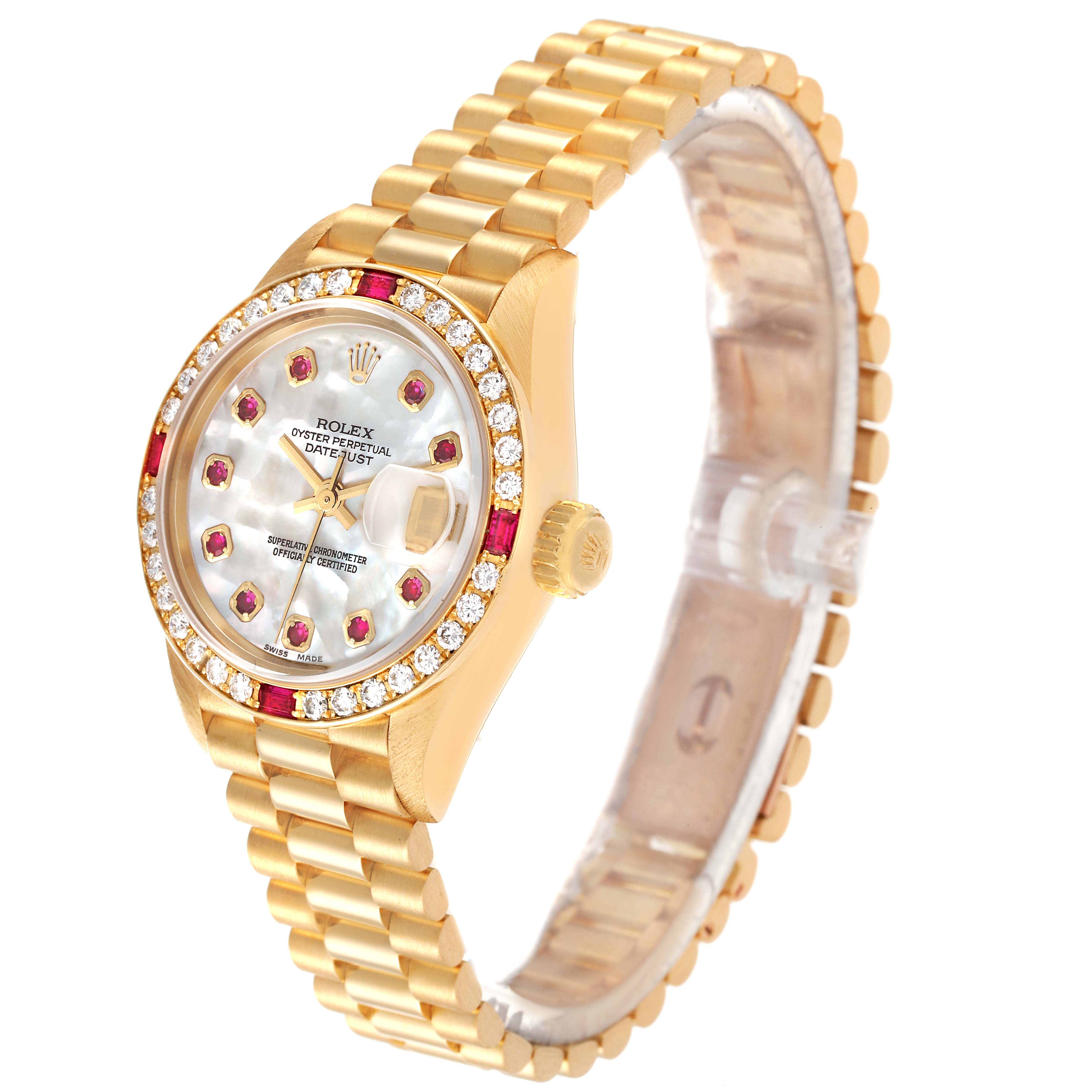 The image shows a Rolex President 69068 Women's Yellow Gold Mother of Pearl Dial 69068 Women's Yellow Gold Mother of Pearl Dial model watch angled from the front-left, displaying the dial, crown, and a portion of the bracelet.