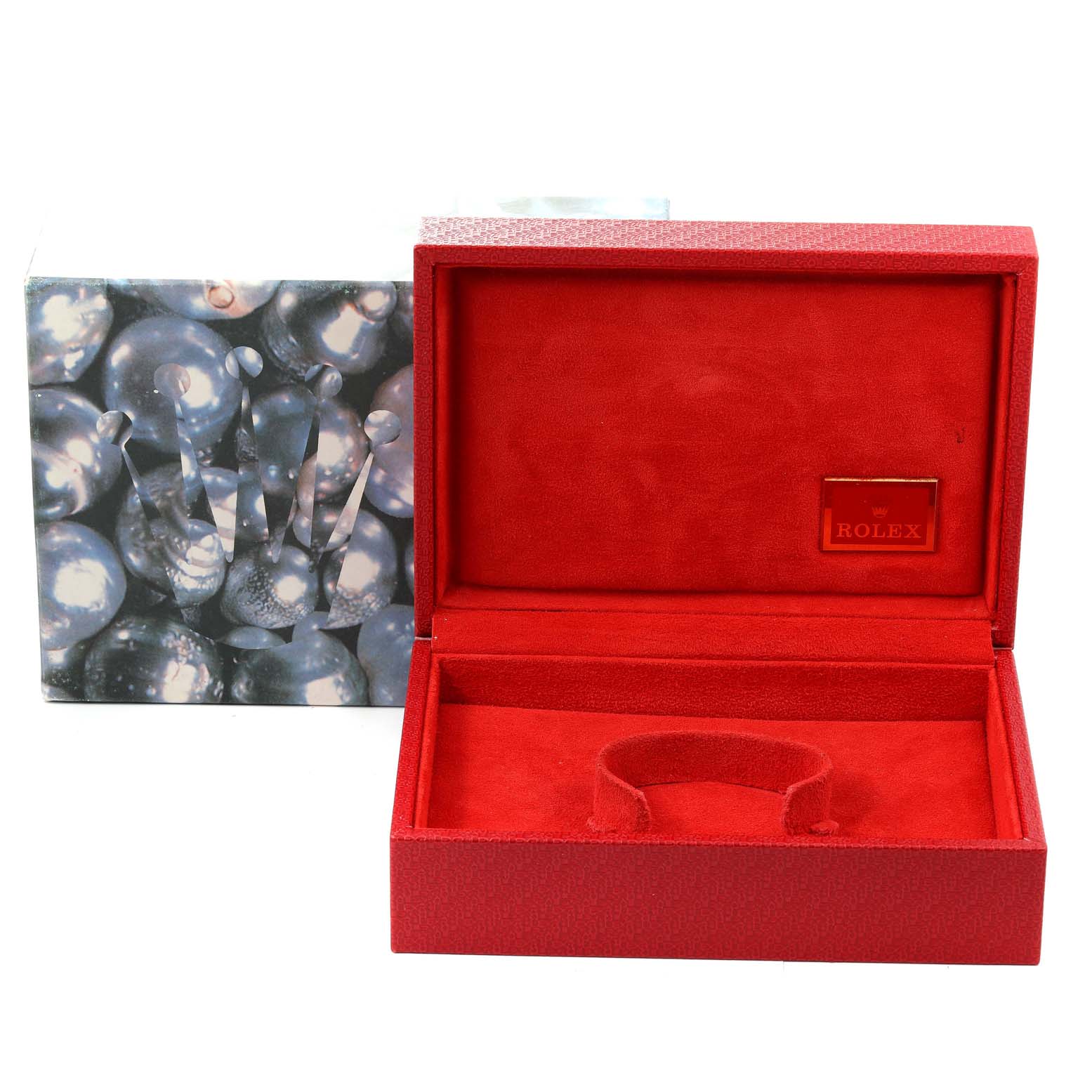 The image shows an open Rolex President 69068 Women's Yellow Gold Mother of Pearl Dial 69068 Women's Yellow Gold Mother of Pearl Dial model watch box and its outer decorative box from a front angle.