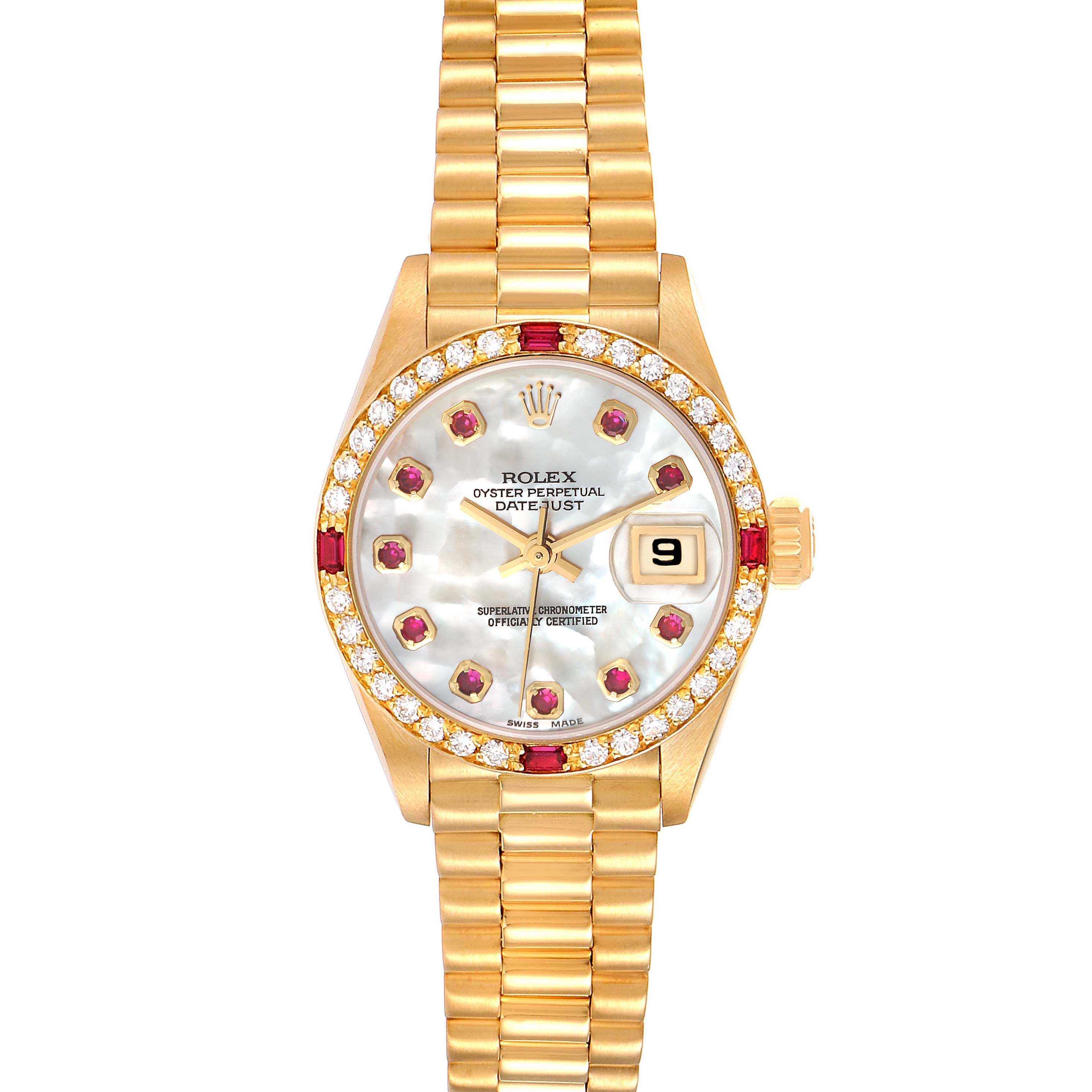 This image shows a top view of a Rolex President 69068 Women's Yellow Gold Mother of Pearl Dial 69068 Women's Yellow Gold Mother of Pearl Dial model watch, highlighting its face, bracelet, and date display.