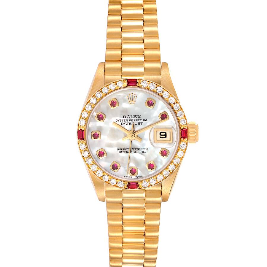 Rolex President Yellow Gold Mother of Pearl Diamond Ruby Ladies Watch 69068 SwissWatchExpo