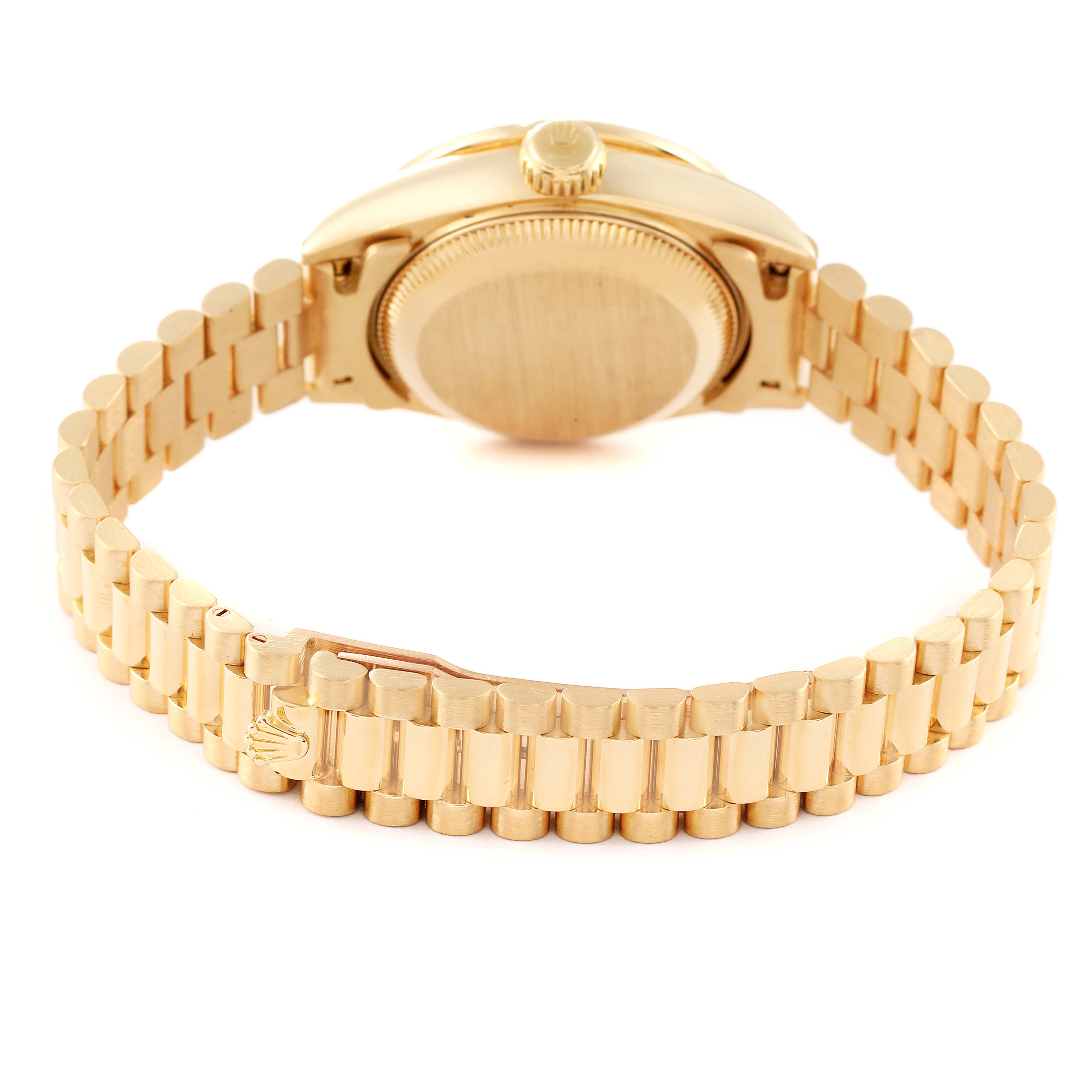 The image shows the backside and bracelet of a Rolex President 69068 Women's Yellow Gold Mother of Pearl Dial 69068 Women's Yellow Gold Mother of Pearl Dial model watch in gold.