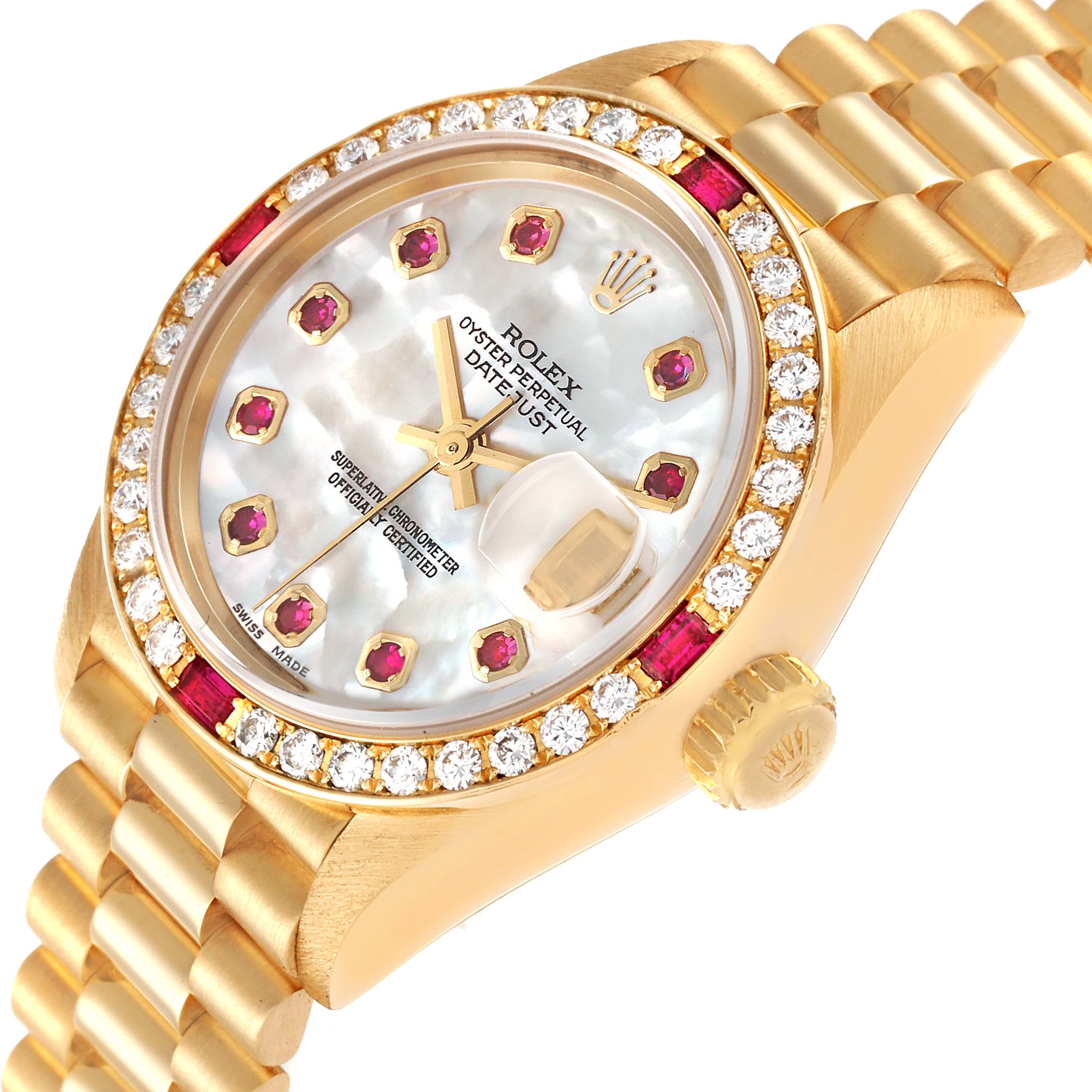 The image shows a close-up angle of the Rolex President 69068 Women's Yellow Gold Mother of Pearl Dial 69068 Women's Yellow Gold Mother of Pearl Dial model watch, highlighting the face, crown, and part of the band.