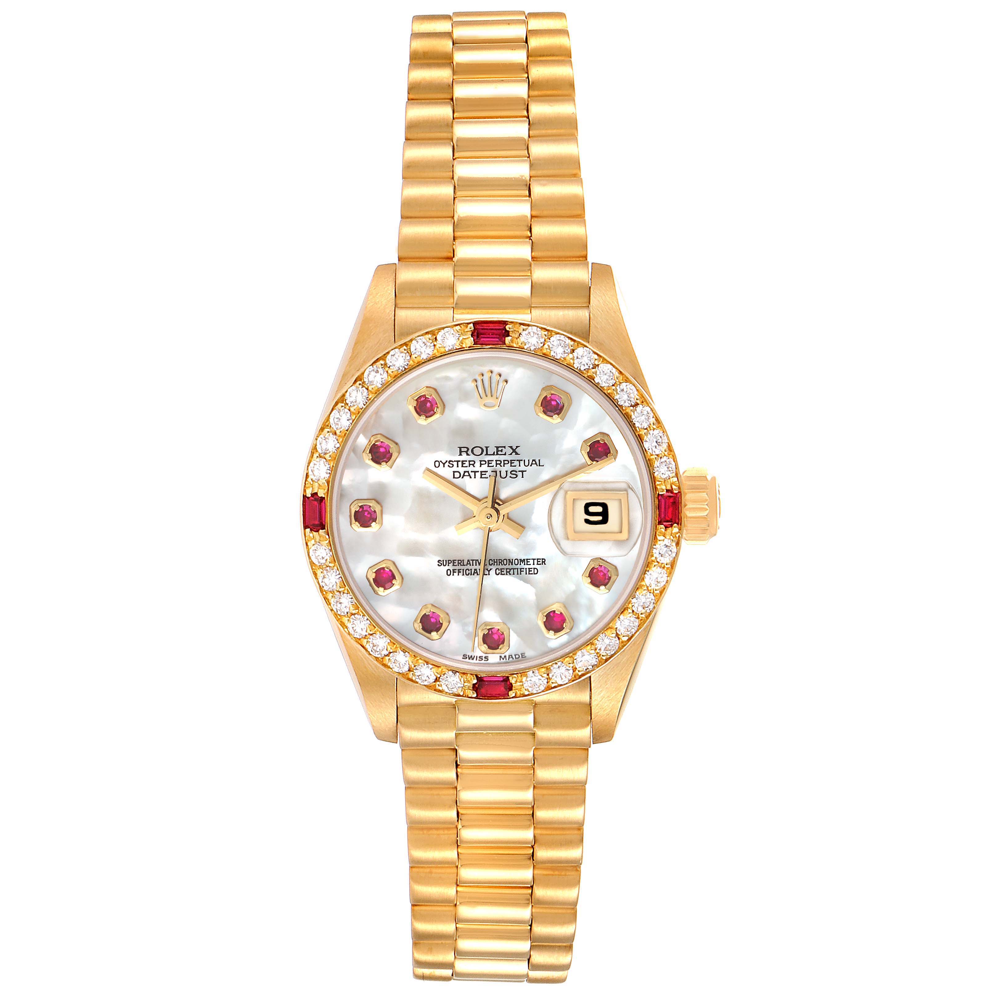 This Rolex President 69068 Women's Yellow Gold Mother of Pearl Dial 69068 Women's Yellow Gold Mother of Pearl Dial model watch is shown from a front view, displaying the face, bezel, band, crown, and date window.