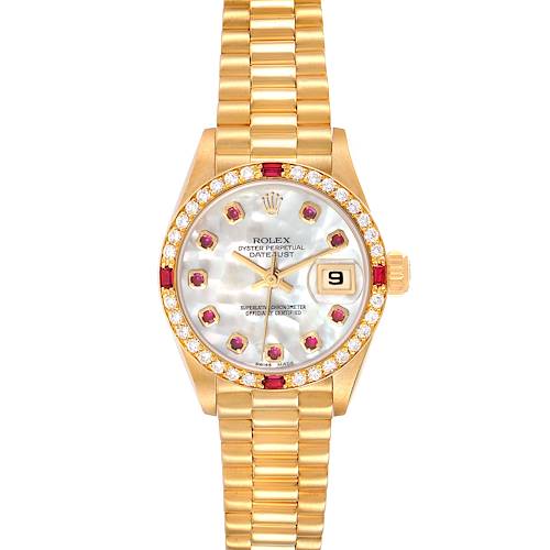 Photo of Rolex President Yellow Gold Mother of Pearl Diamond Ruby Ladies Watch 69068
