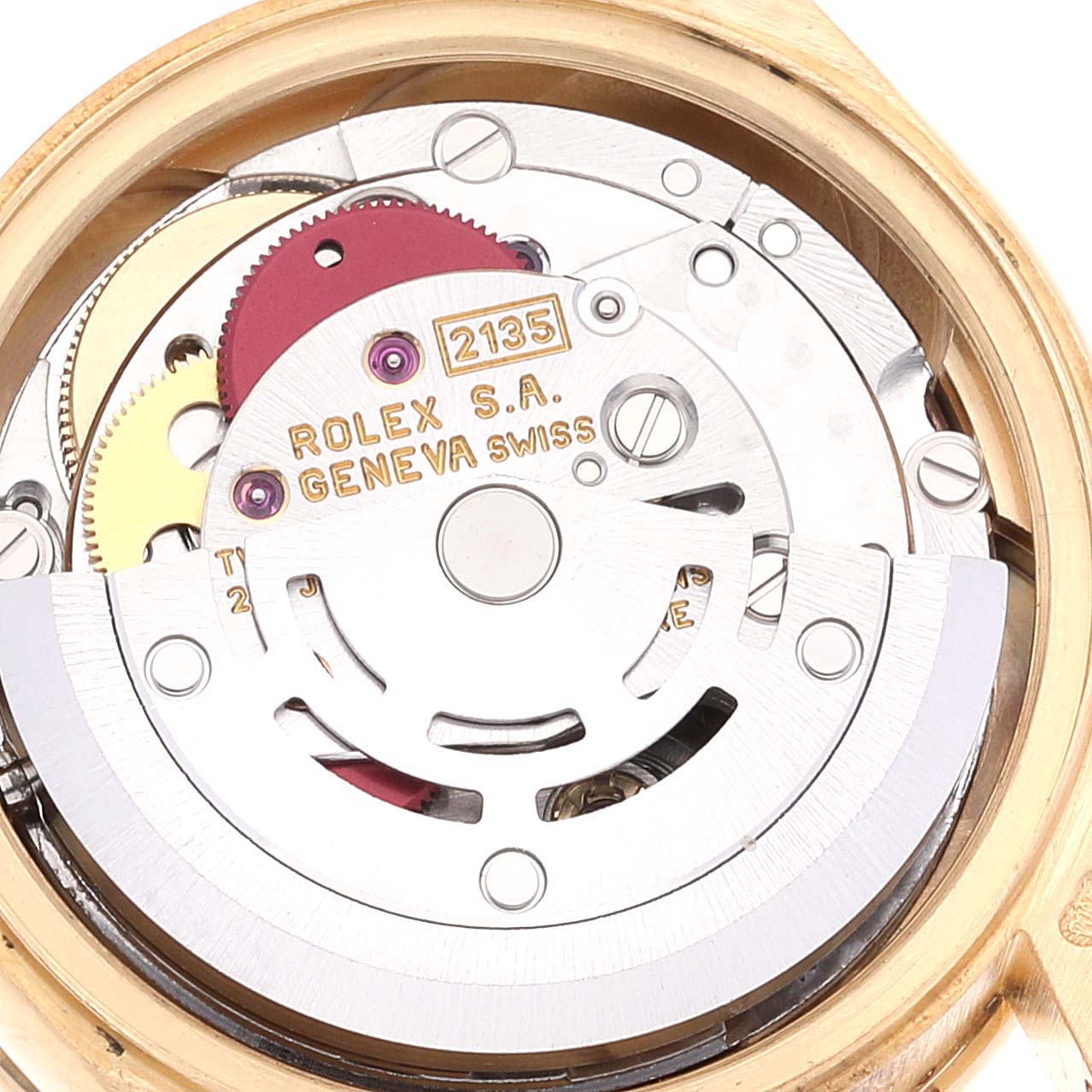 The image shows a close-up view of the inner mechanical movement of a Rolex President 69068 Women's Yellow Gold Mother of Pearl Dial 69068 Women's Yellow Gold Mother of Pearl Dial model watch.