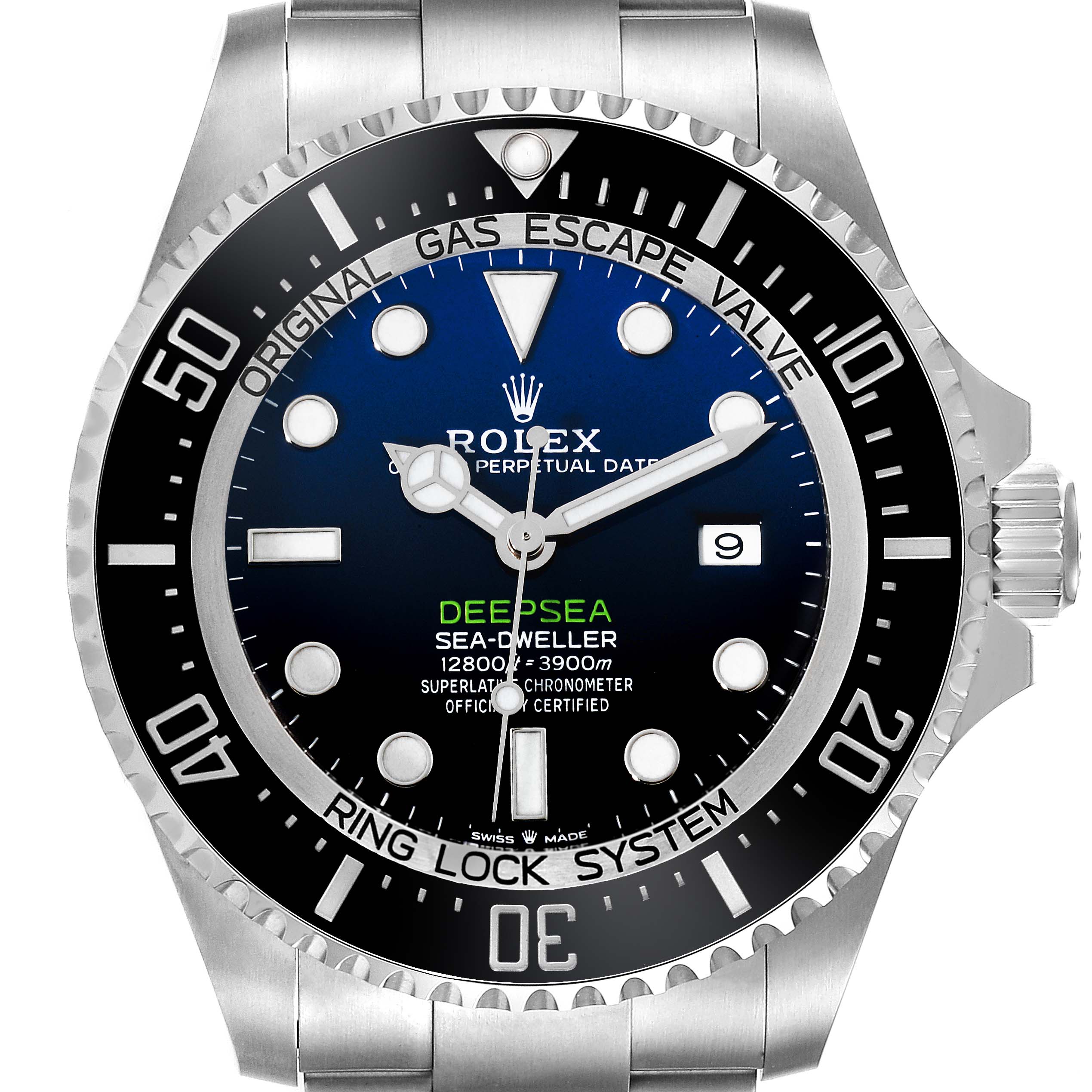 This is a front view of the Rolex Sea-Dweller 126660 Men
s Stainless Steel Blue Dial 126660 Men
s Stainless Steel Blue Dial, showcasing the dial, bezel, bracelet, crown, and date window.