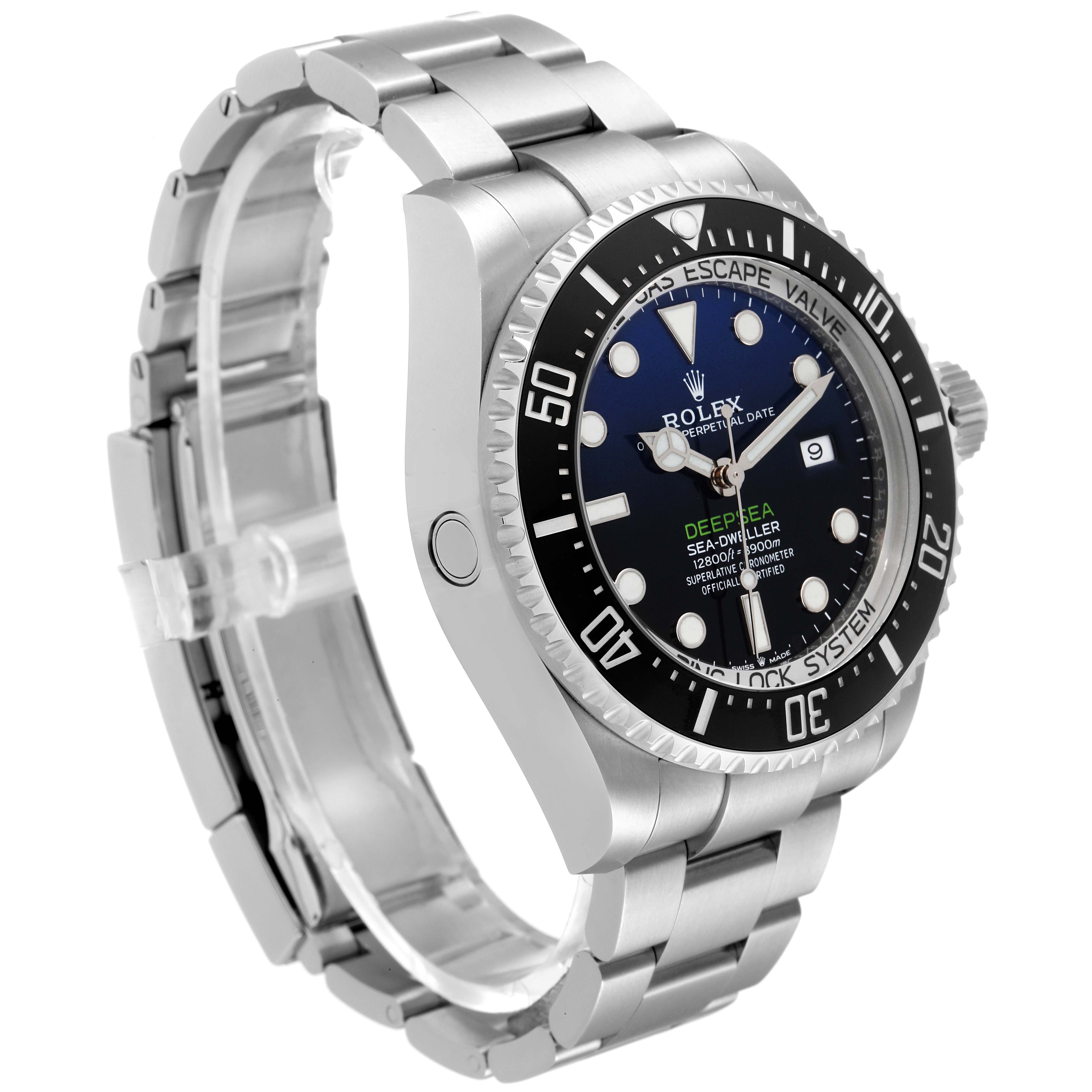 The image shows a side-angle view of a Rolex Sea-Dweller 126660 Men
s Stainless Steel Blue Dial 126660 Men
s Stainless Steel Blue Dial watch, highlighting its face, bezel, crown, and stainless steel bracelet.