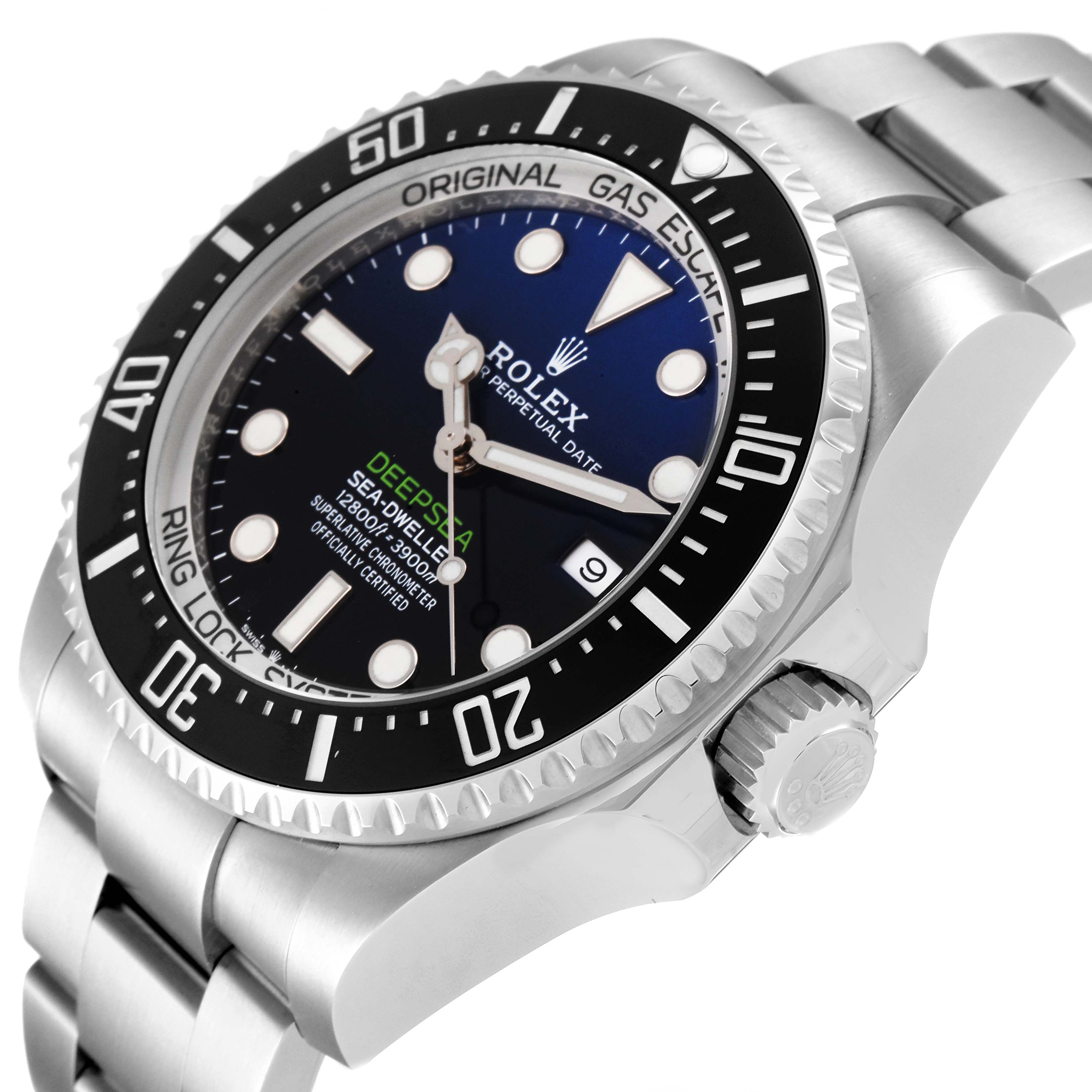 The image shows a close-up angle of the Rolex Sea-Dweller 126660 Men
s Stainless Steel Blue Dial 126660 Men
s Stainless Steel Blue Dial watch, highlighting its dial, bezel, crown, and part of the bracelet.