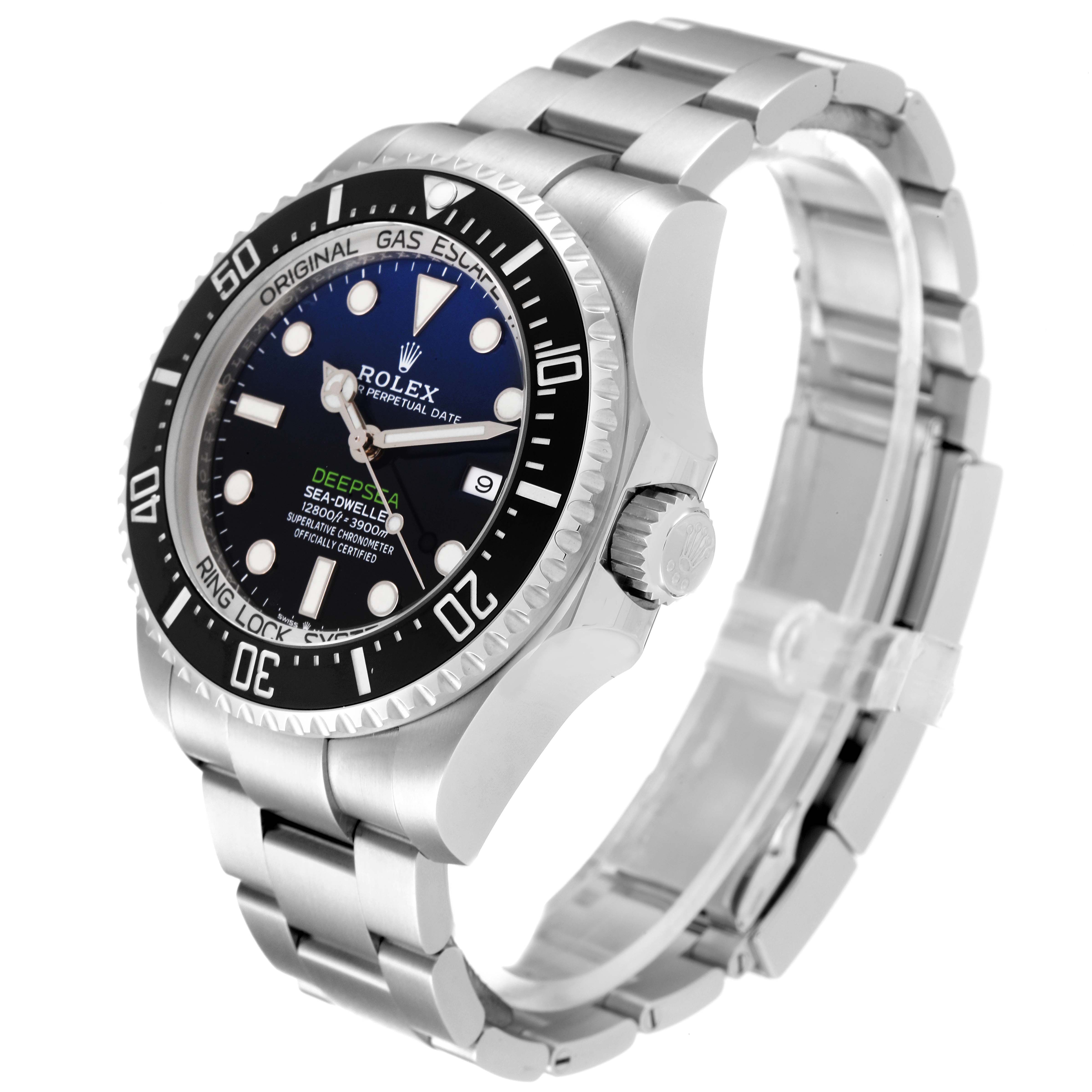The image shows a side and front angle of the Rolex Sea-Dweller 126660 Men
s Stainless Steel Blue Dial 126660 Men
s Stainless Steel Blue Dial watch, highlighting the dial, bezel, crown, and bracelet.