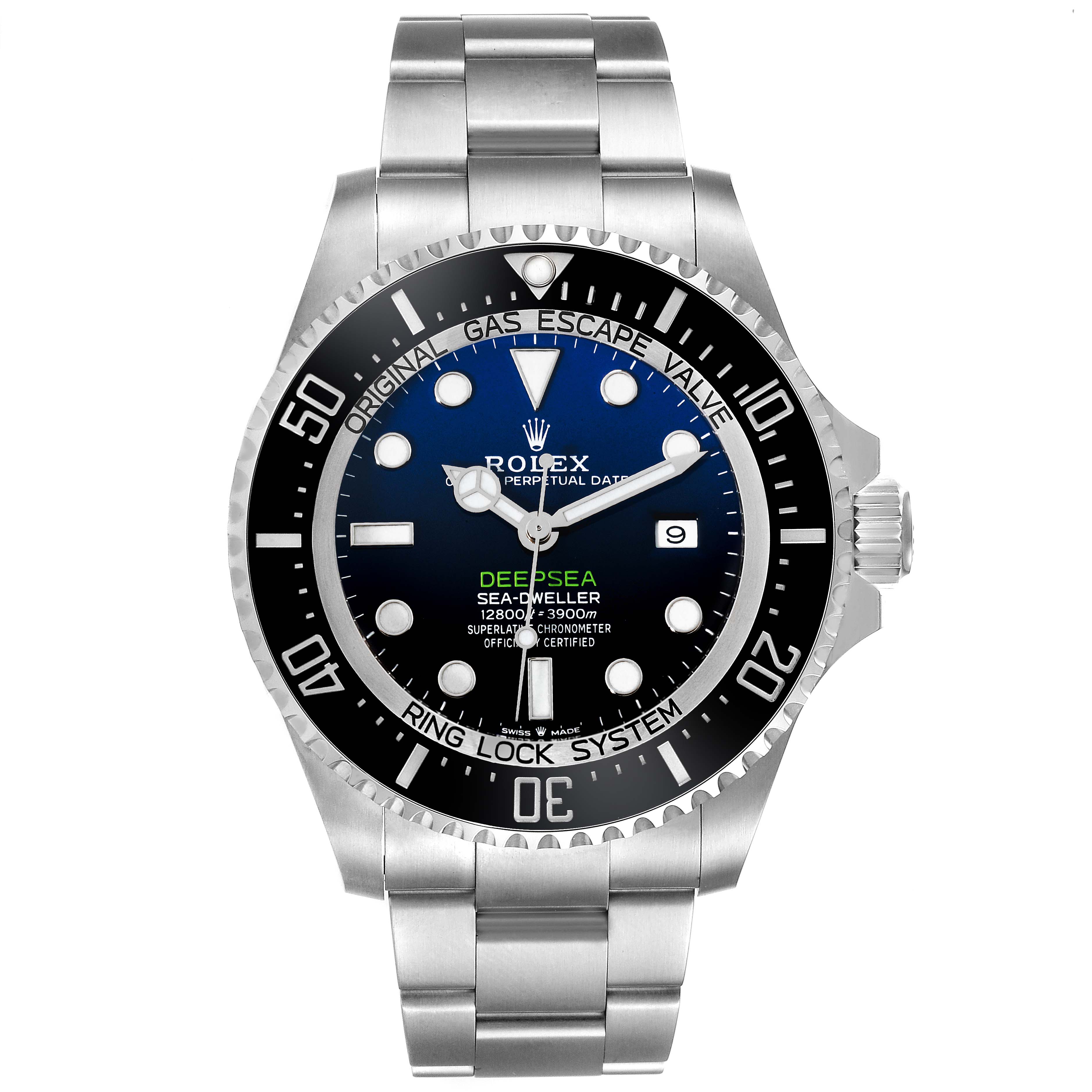 The Rolex Sea-Dweller 126660 Men
s Stainless Steel Blue Dial 126660 Men
s Stainless Steel Blue Dial watch is shown from a front angle, displaying the face, bezel, and part of the bracelet.