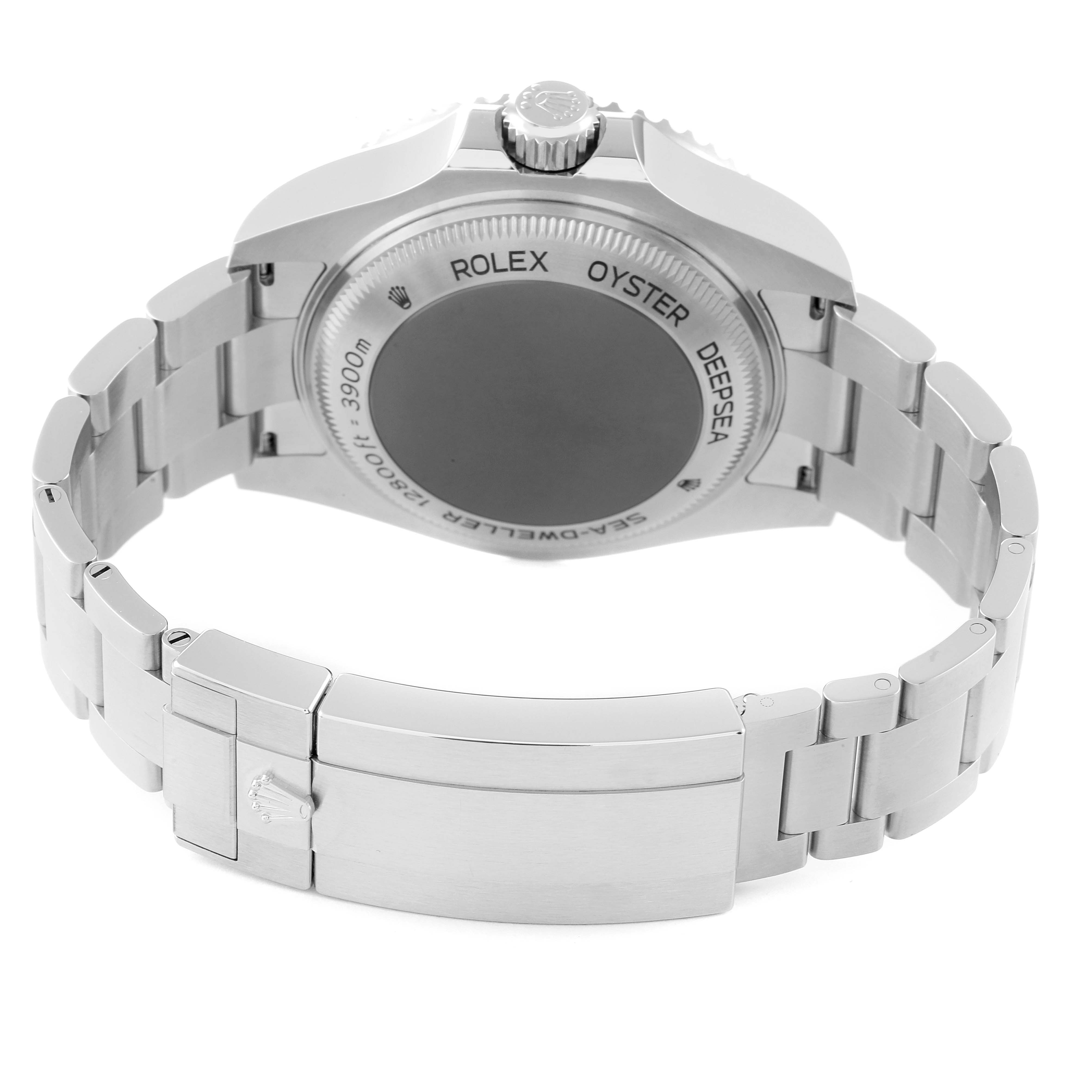 The image shows the back view of the Rolex Sea-Dweller 126660 Men
s Stainless Steel Blue Dial 126660 Men
s Stainless Steel Blue Dial watch, highlighting the bracelet and case back.