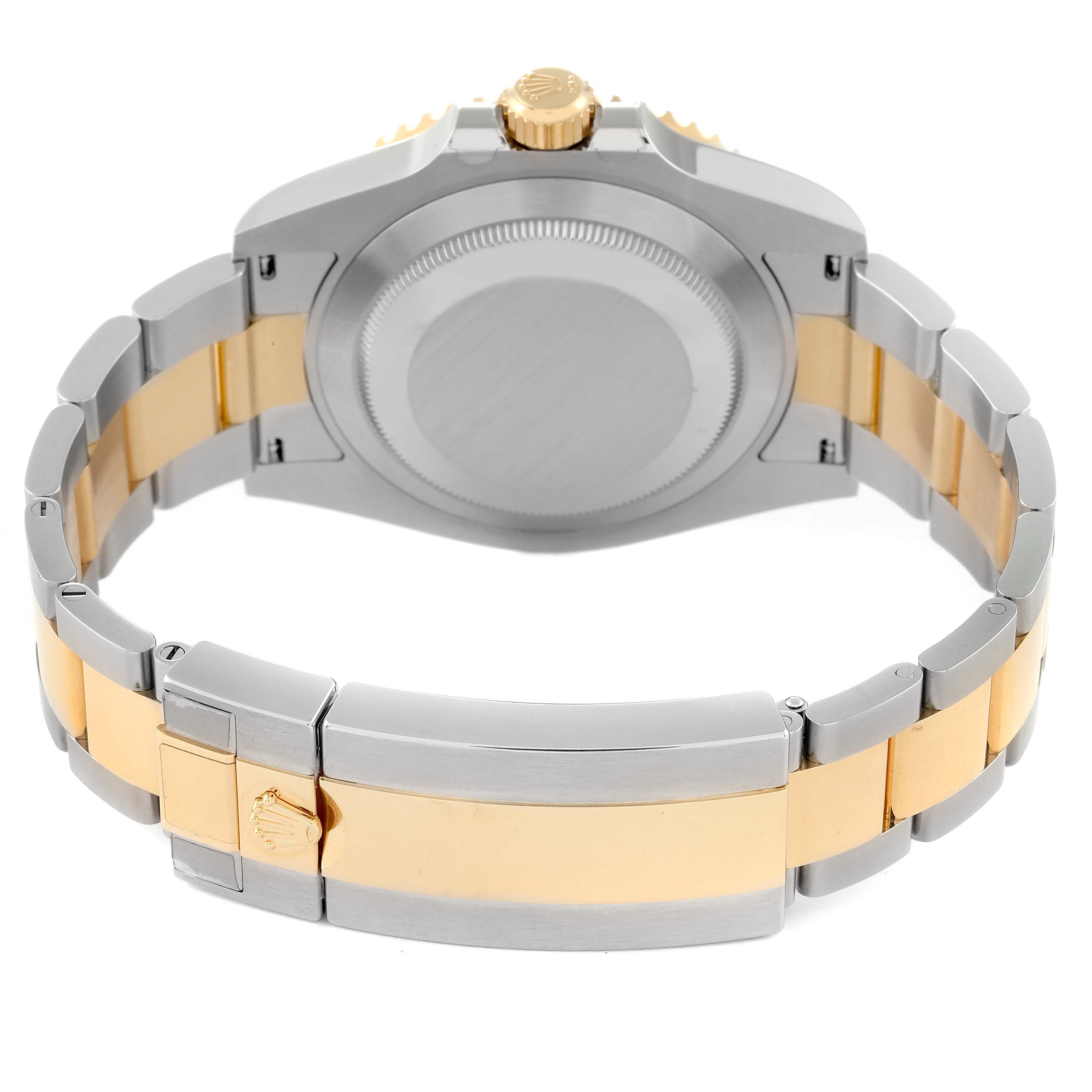 The image shows the back case and bracelet of a Rolex Submariner 126613 Men
s Steel and Gold (two tone) Black Dial, featuring a two-tone design with a gold crown and clasp.