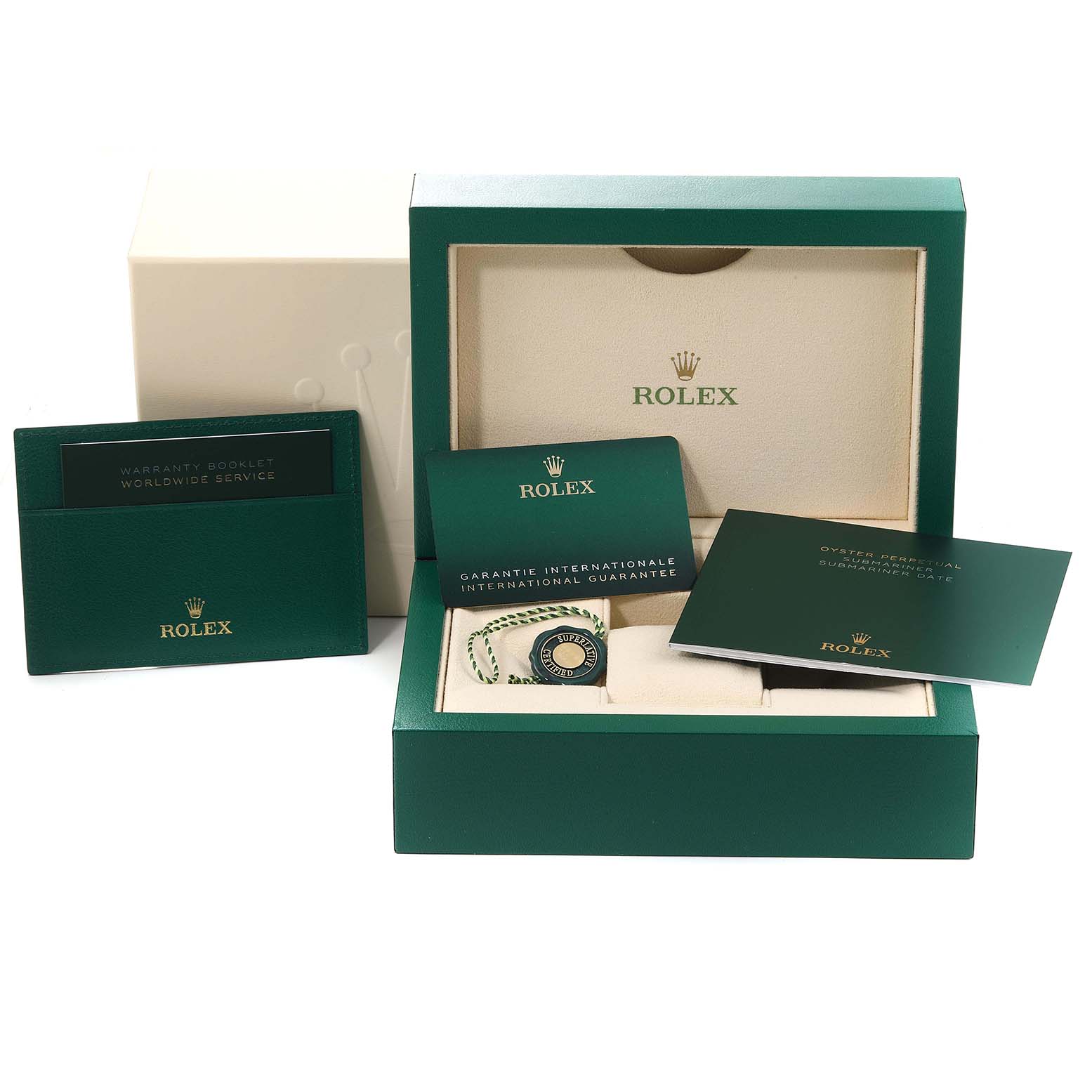 The image shows accessories for the Rolex Submariner 126613 Men
s Steel and Gold (two tone) Black Dial, including a box, warranty card, and booklets.