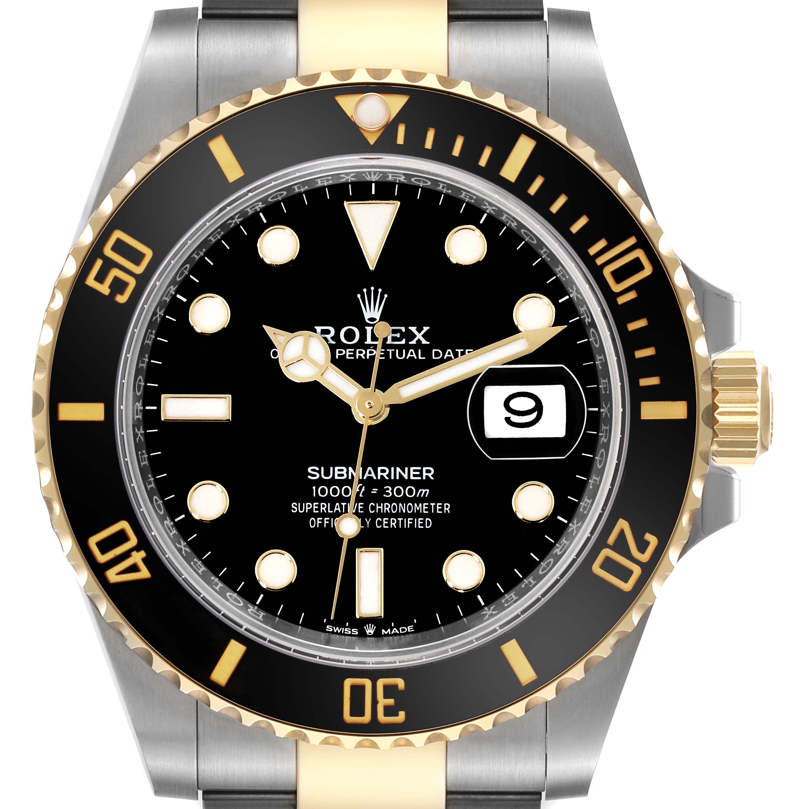 The Rolex Submariner 126613 Men
s Steel and Gold (two tone) Black Dial watch is shown from the front, displaying the dial, bezel, and the crown on the side.