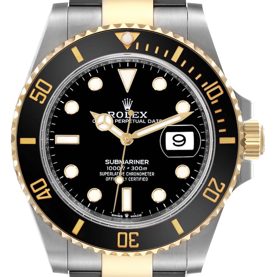 The Rolex Submariner 126613 Men's Steel and Gold (two tone) Black Dial watch is shown from the front, displaying the dial, bezel, and the crown on the side.