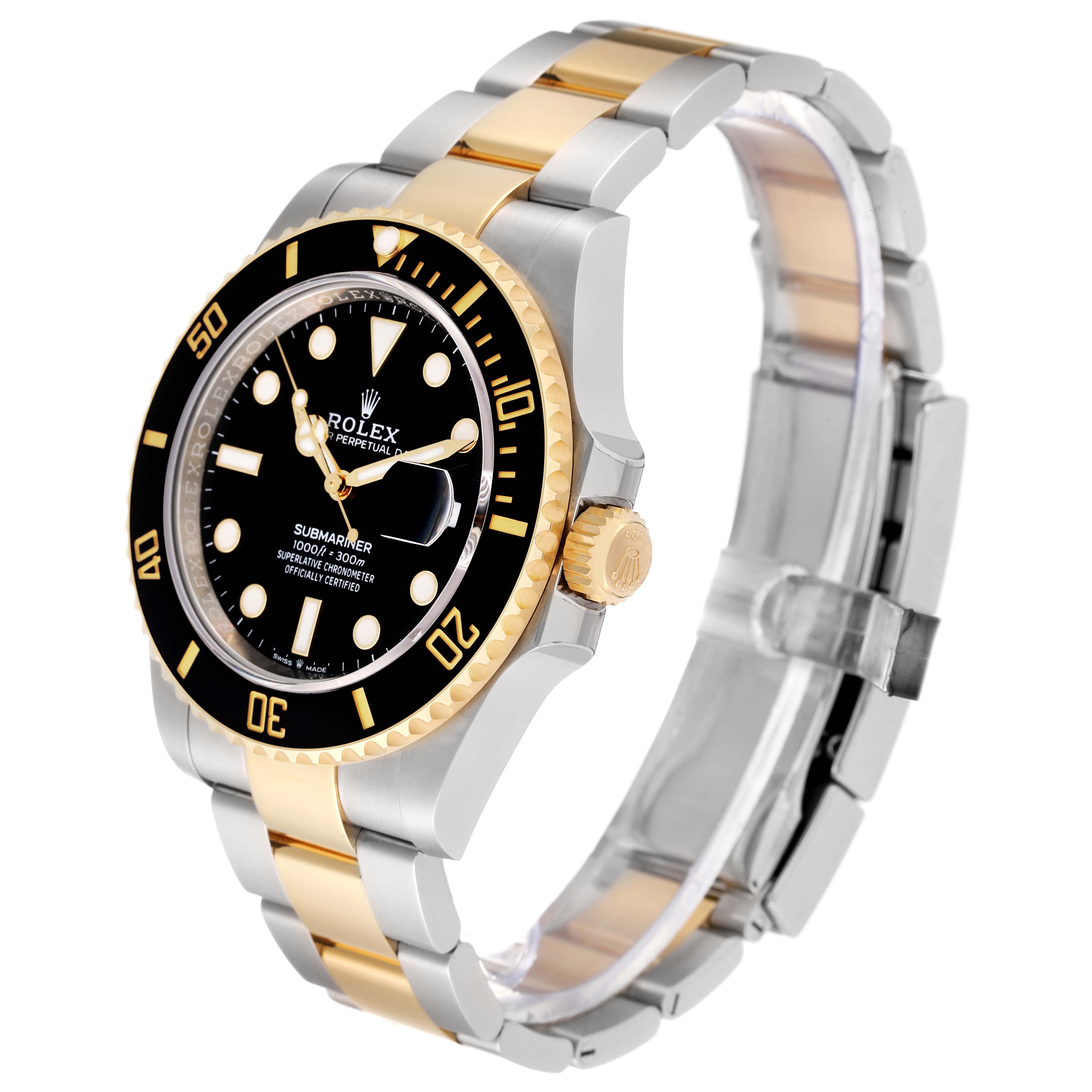 The Rolex Submariner 126613 Men
s Steel and Gold (two tone) Black Dial watch is shown at a slight angle, highlighting the two-tone bracelet, bezel, and crown.