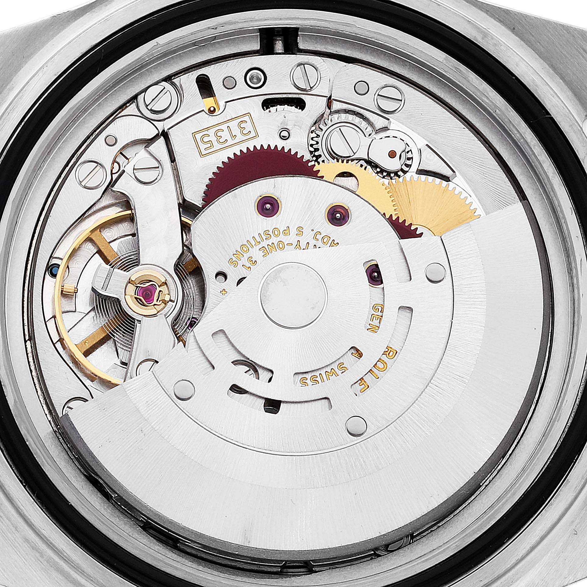 This image shows the internal movement mechanism of a Rolex Submariner 16613 Men's Steel and Gold (two tone) Blue Dial 16613 Men's Steel and Gold (two tone) Blue Dial watch from a rear angle.