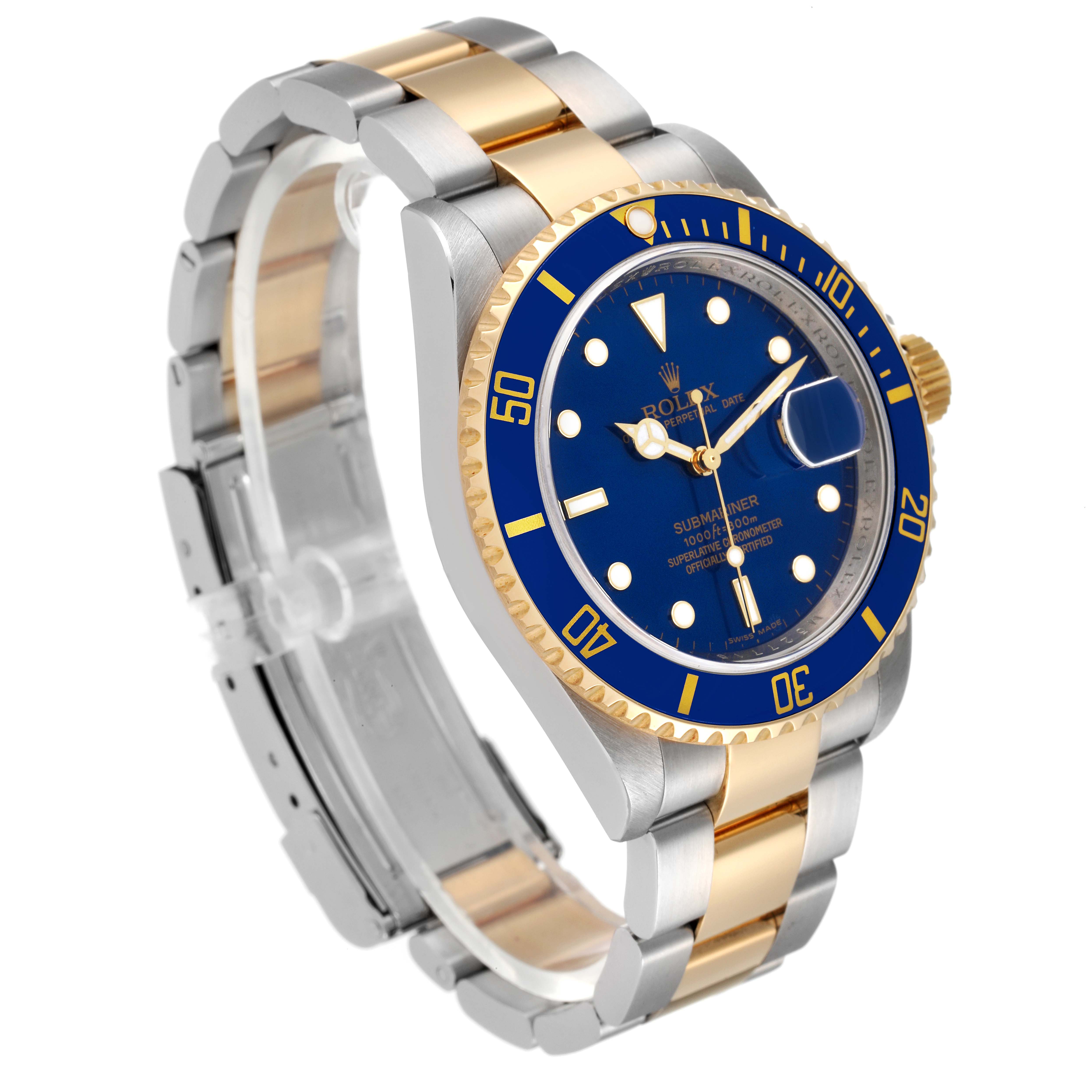 The image shows a side-angle view of a Rolex Submariner 16613 Men's Steel and Gold (two tone) Blue Dial 16613 Men's Steel and Gold (two tone) Blue Dial watch featuring a blue dial, gold bezel, and a two-tone metal bracelet.